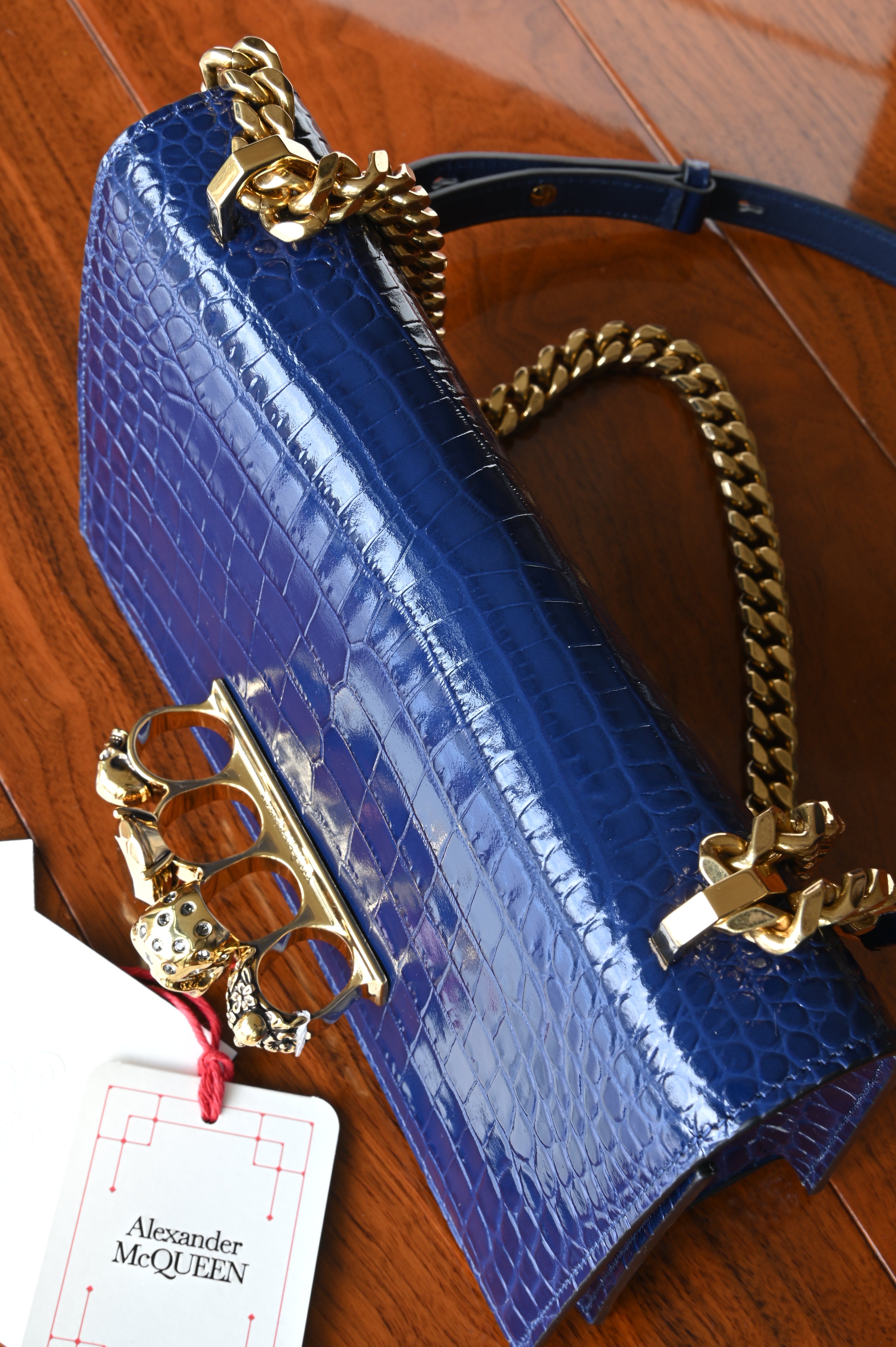 Alexander McQueen Jewelled Satchel in Blue Croc-Embossed Leather top