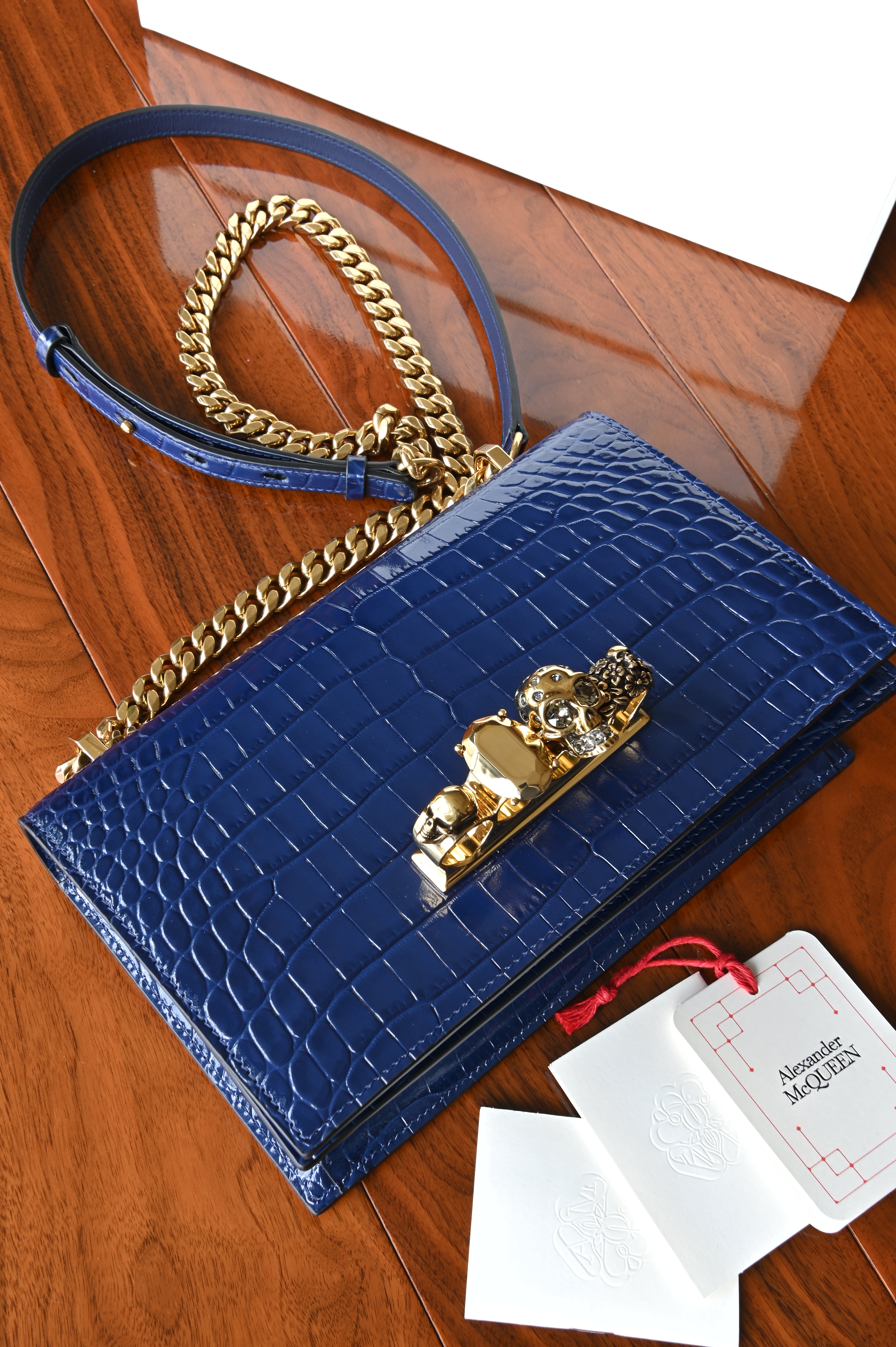 Alexander McQueen Jewelled Satchel in Blue Croc-Embossed Leather top angle