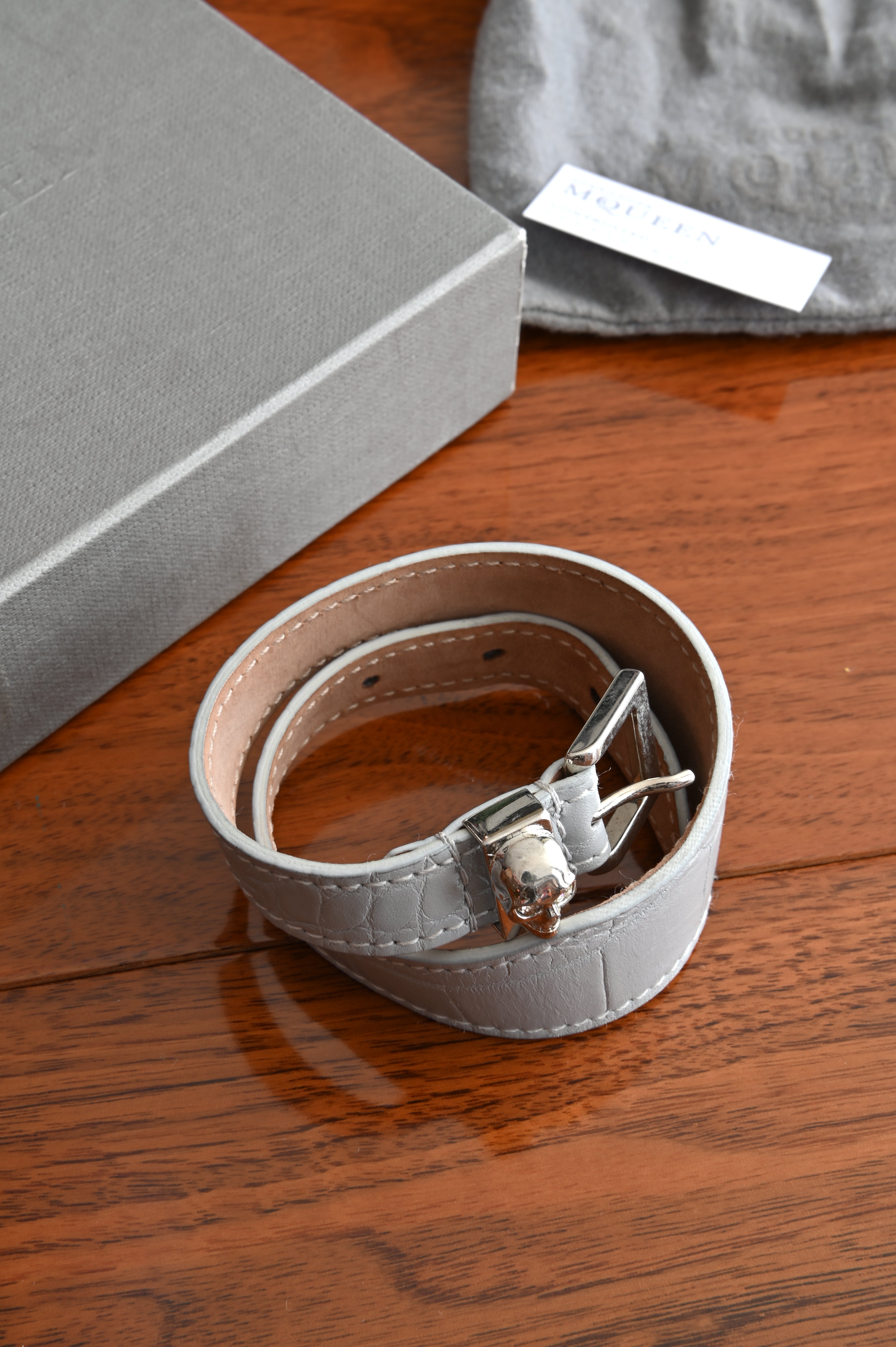 Alexander McQueen Skull Grey Leather Bracelet front