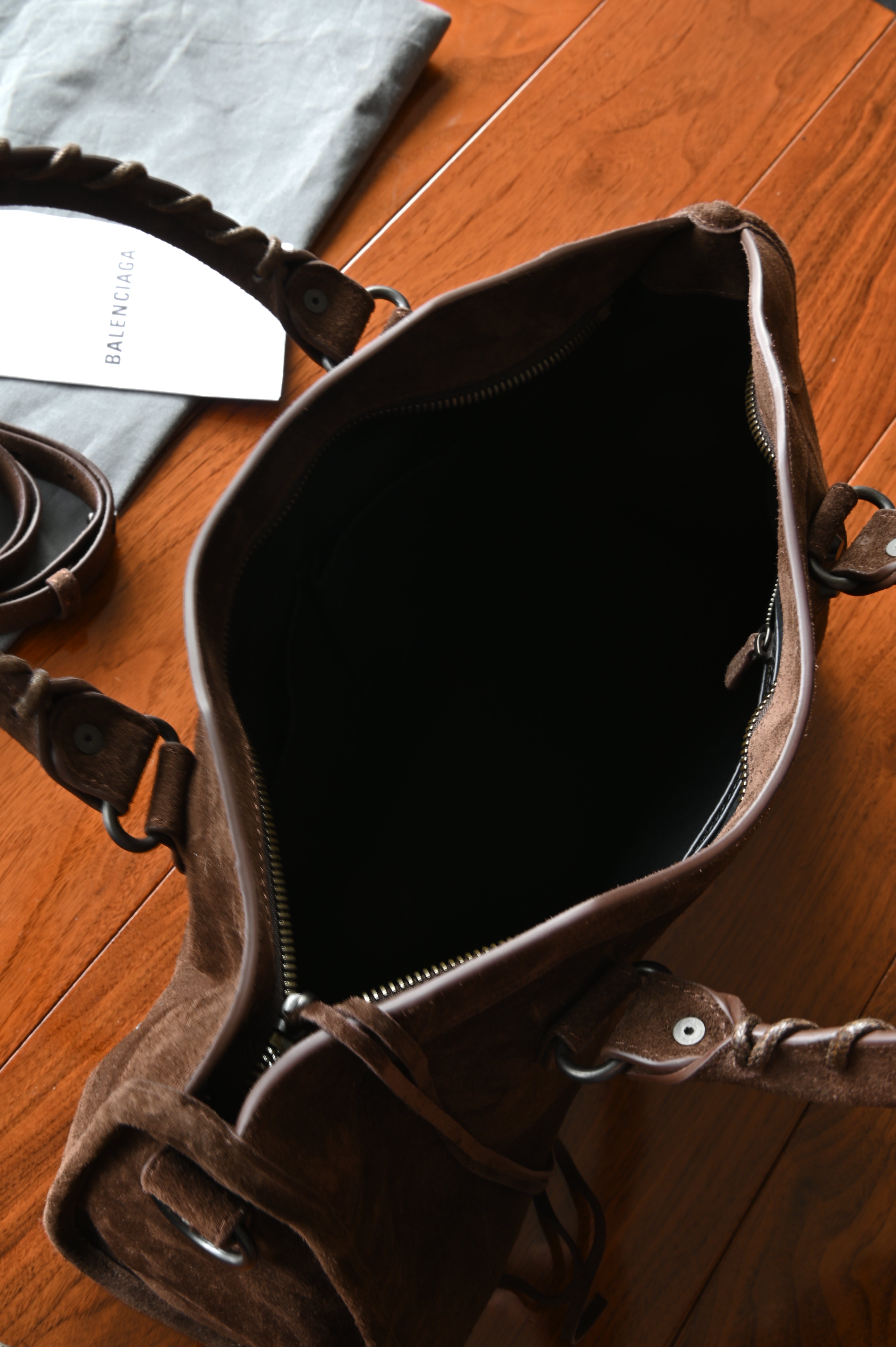 Balenciaga Brown Suede Le City Bag open