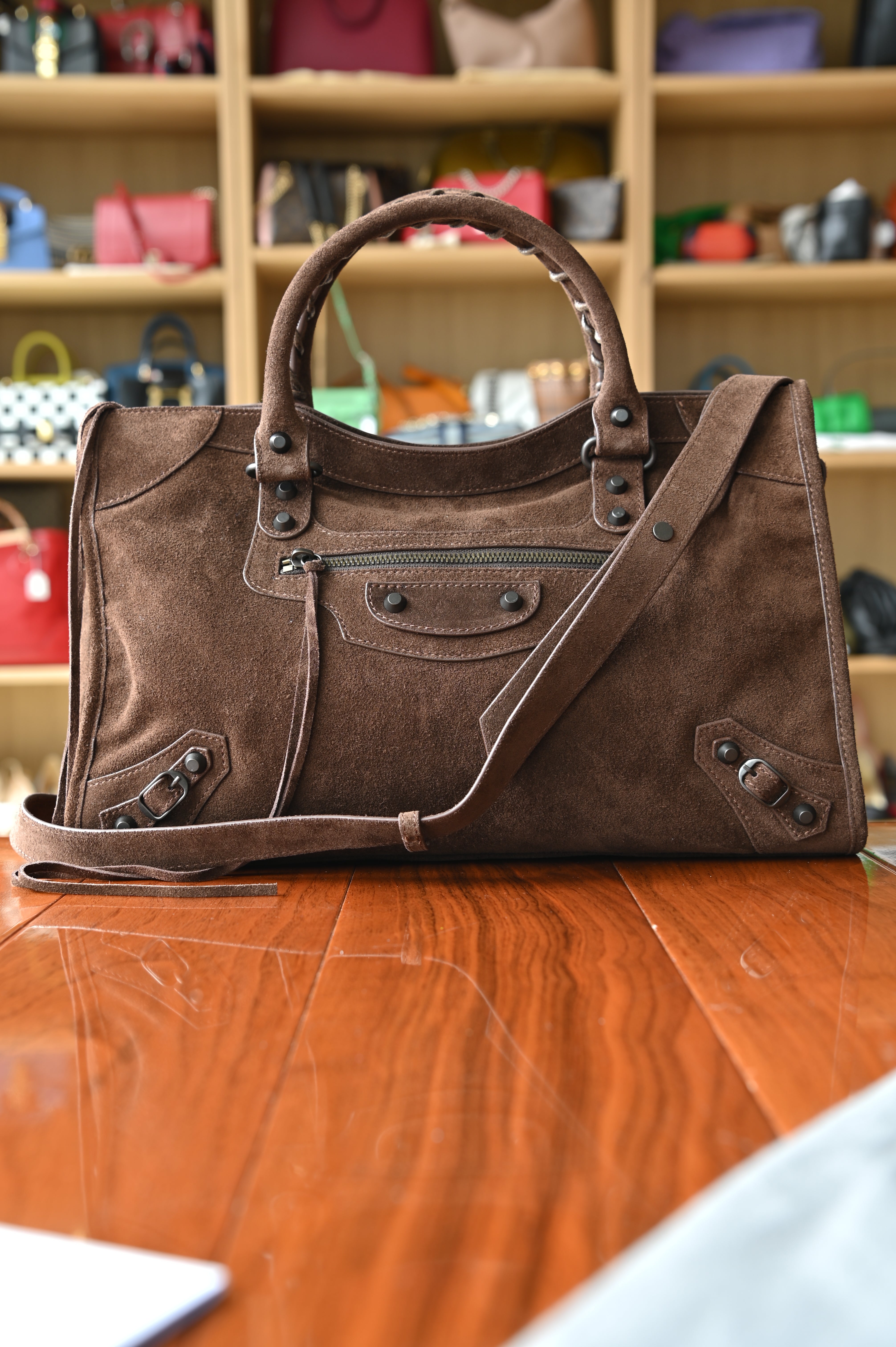 Balenciaga Brown Suede Le City Bag strap