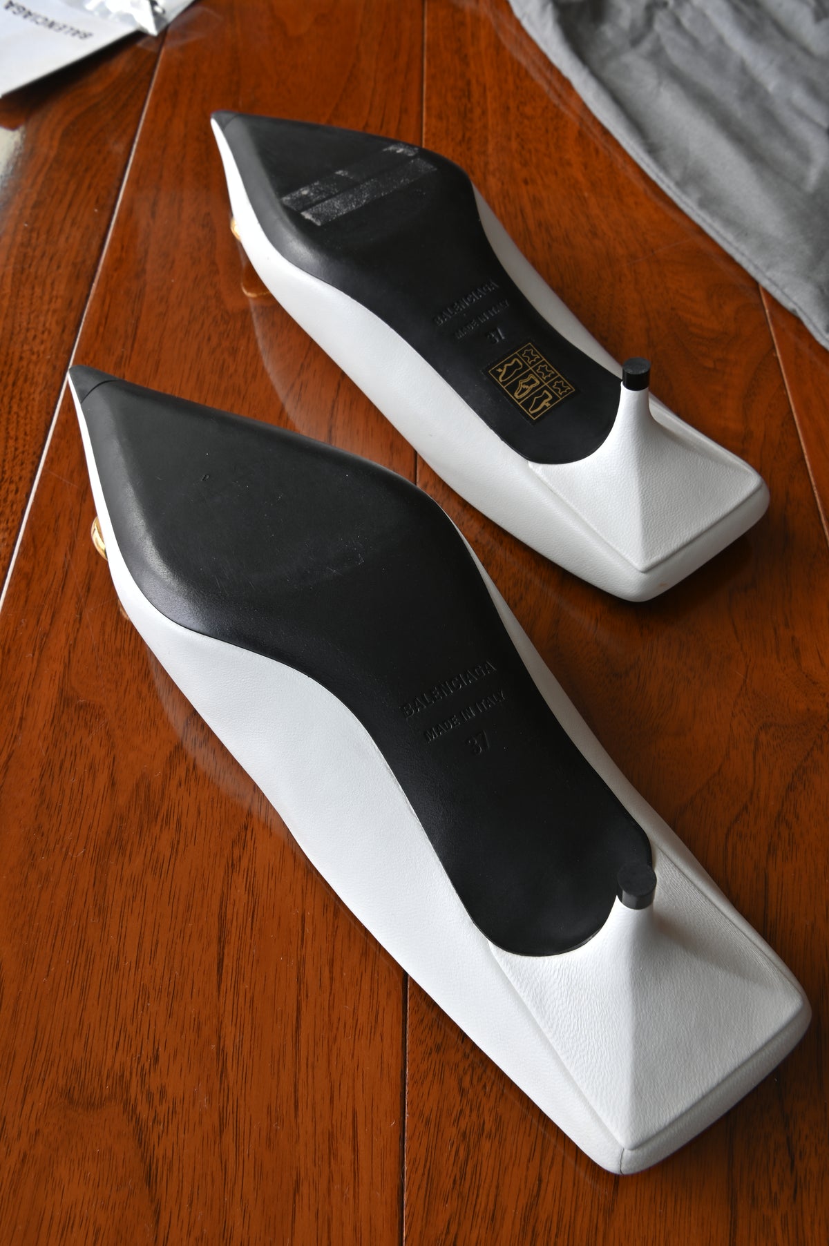 Balenciaga White BB Gold Logo Mules bottom