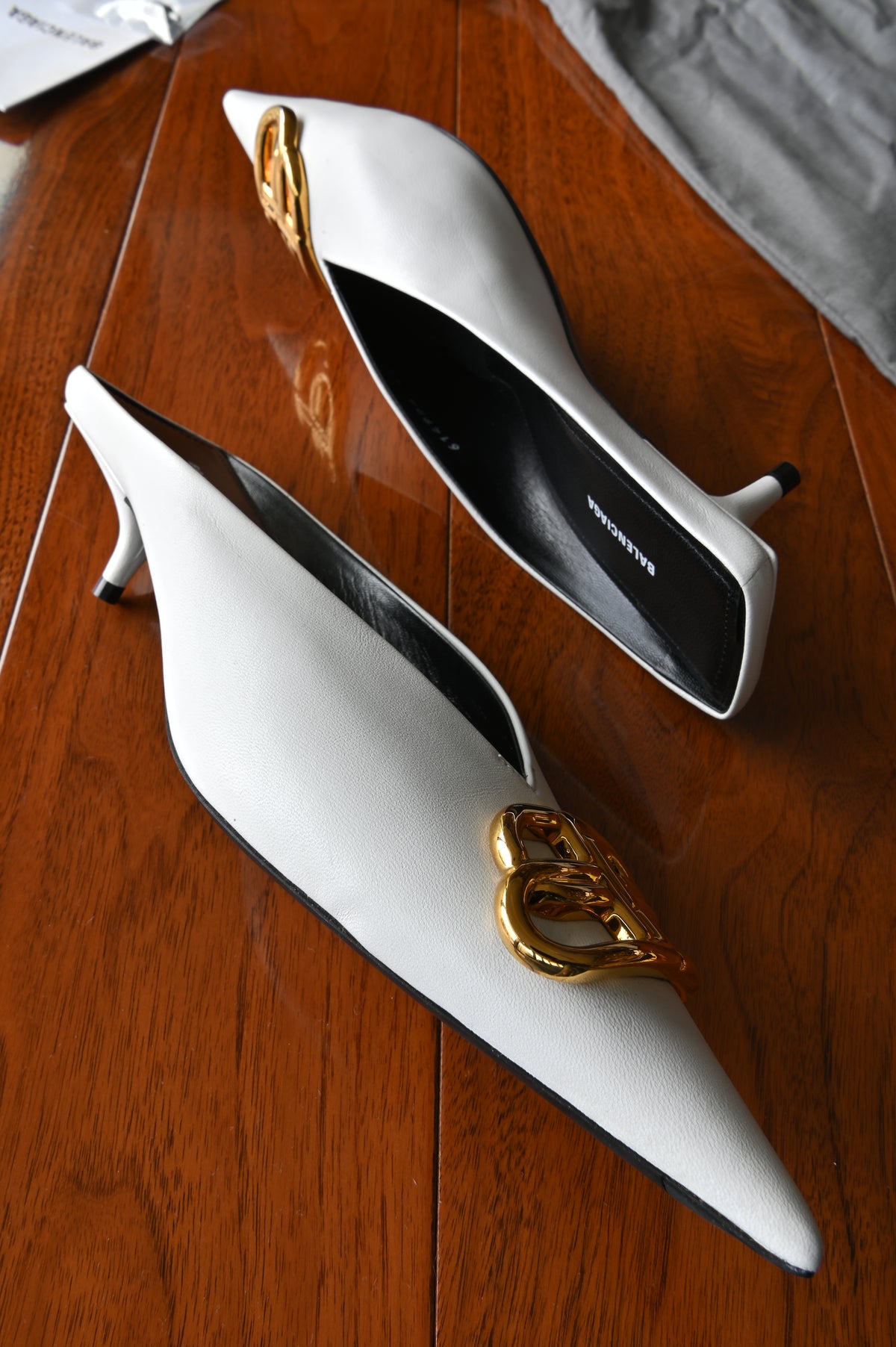 Balenciaga White BB Gold Logo Mules side