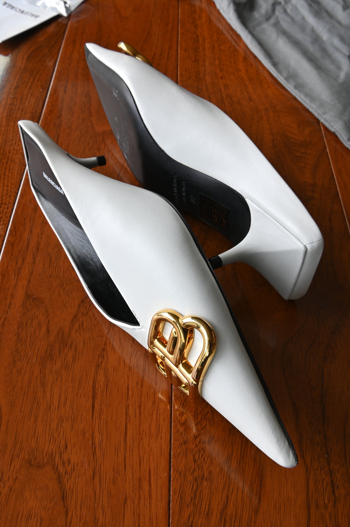 Balenciaga White BB Gold Logo Mules side two