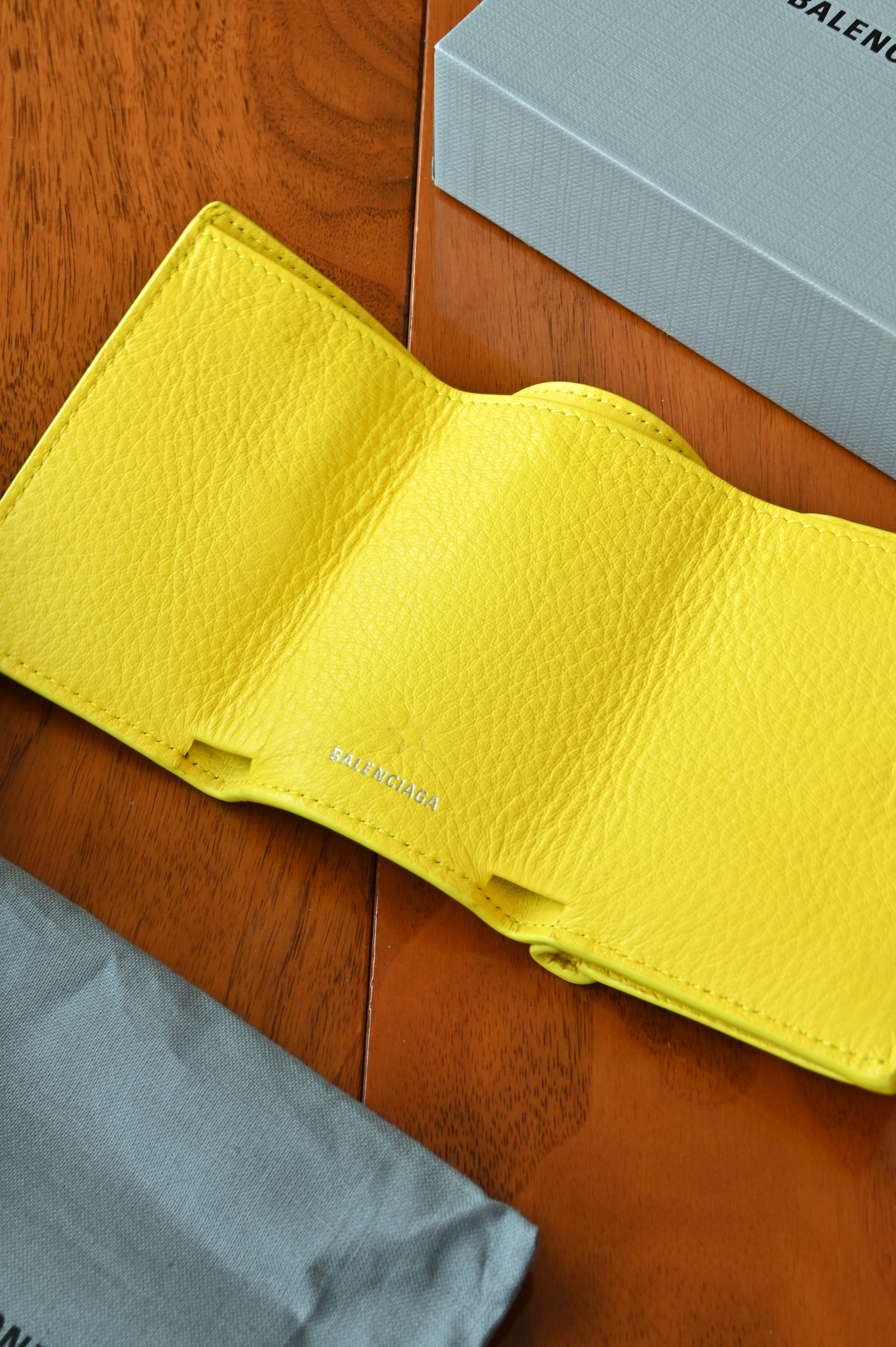 Balenciaga Yellow Trifold Compact Wallet open three