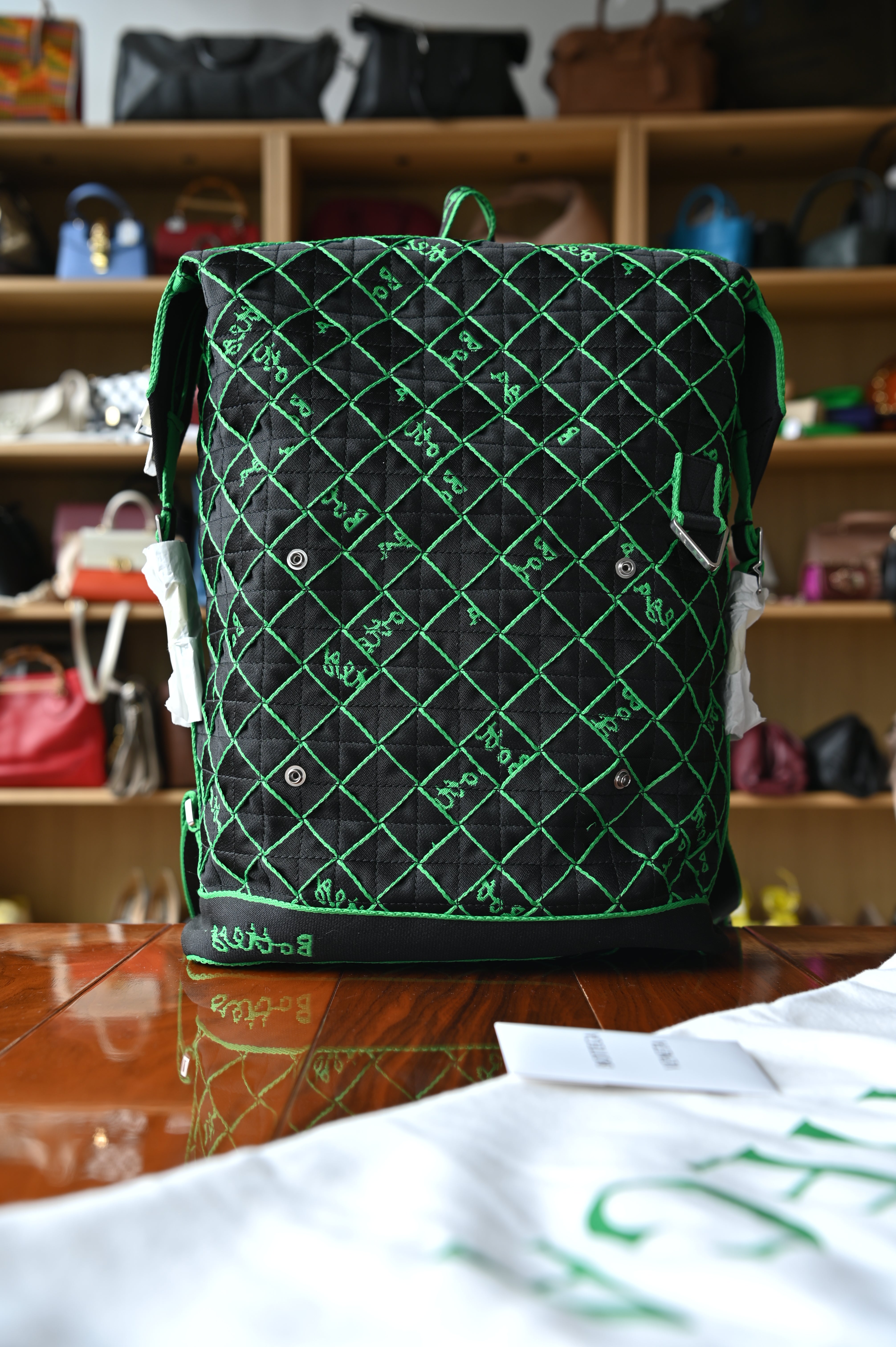 Bottega Veneta Black Green Travel Backpack front