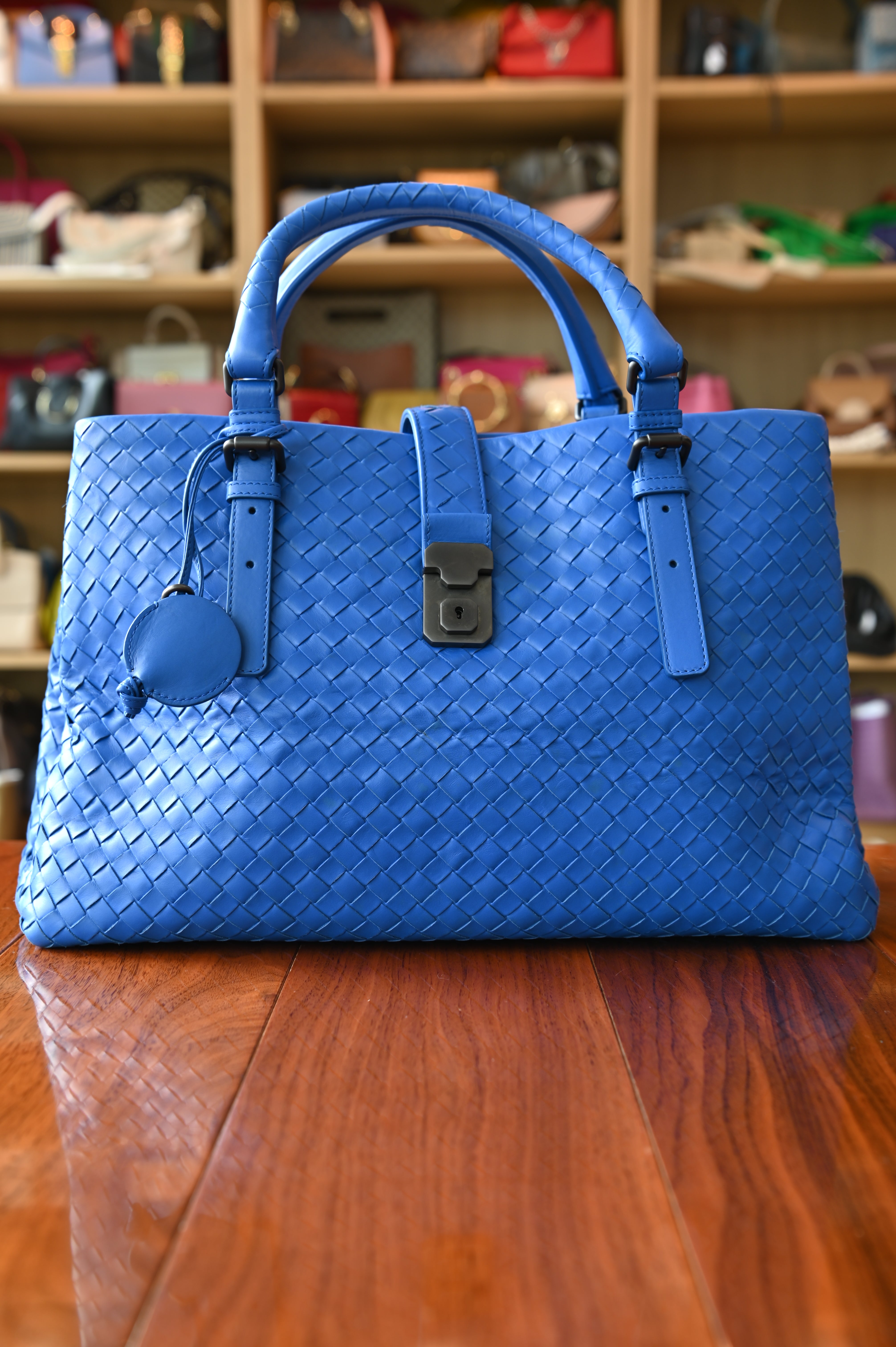Bottega Veneta Blue Woven Intrecciato Top Handle Bag