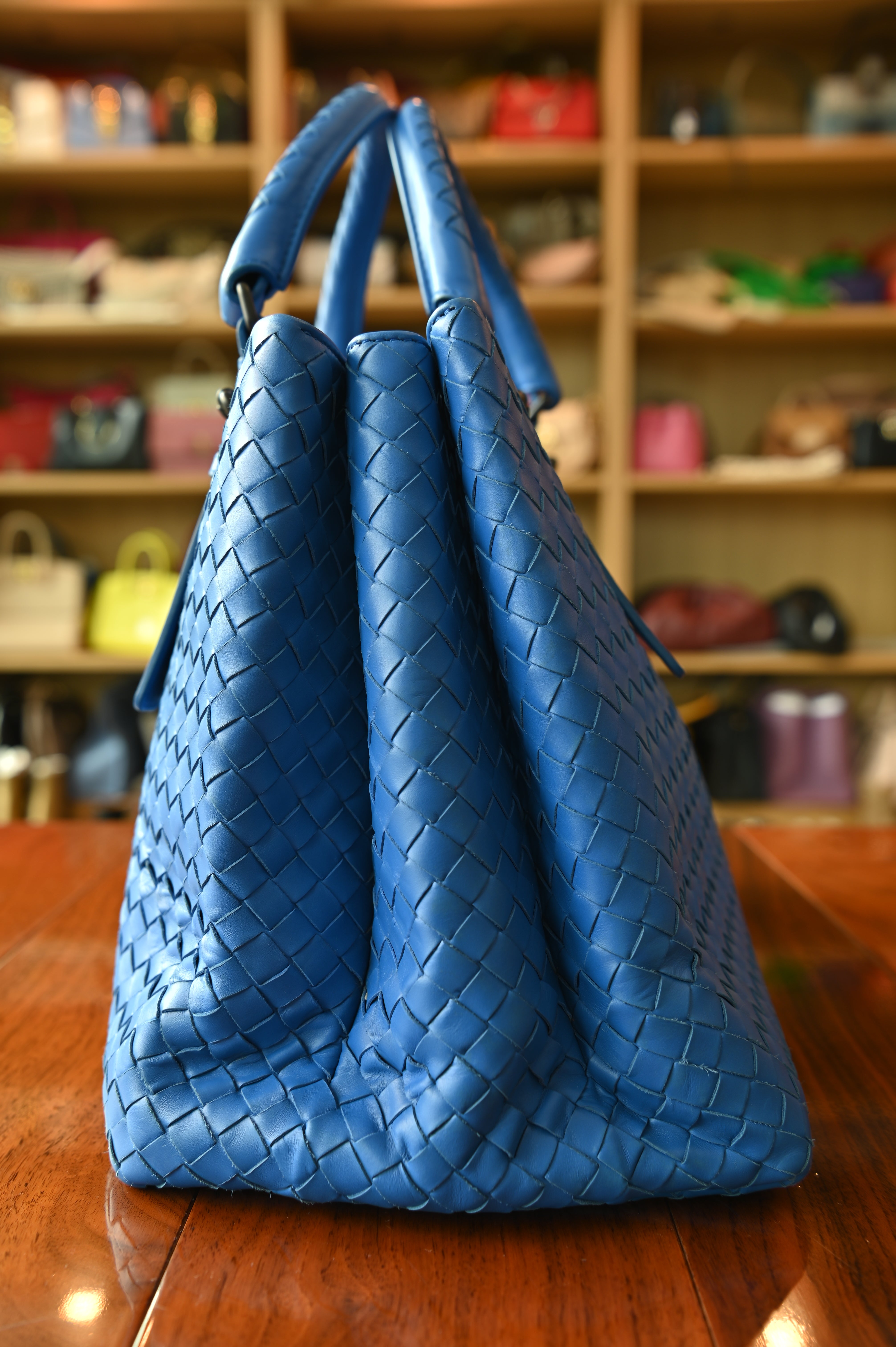 Bottega Veneta Blue Woven Intrecciato Top Handle Bag side