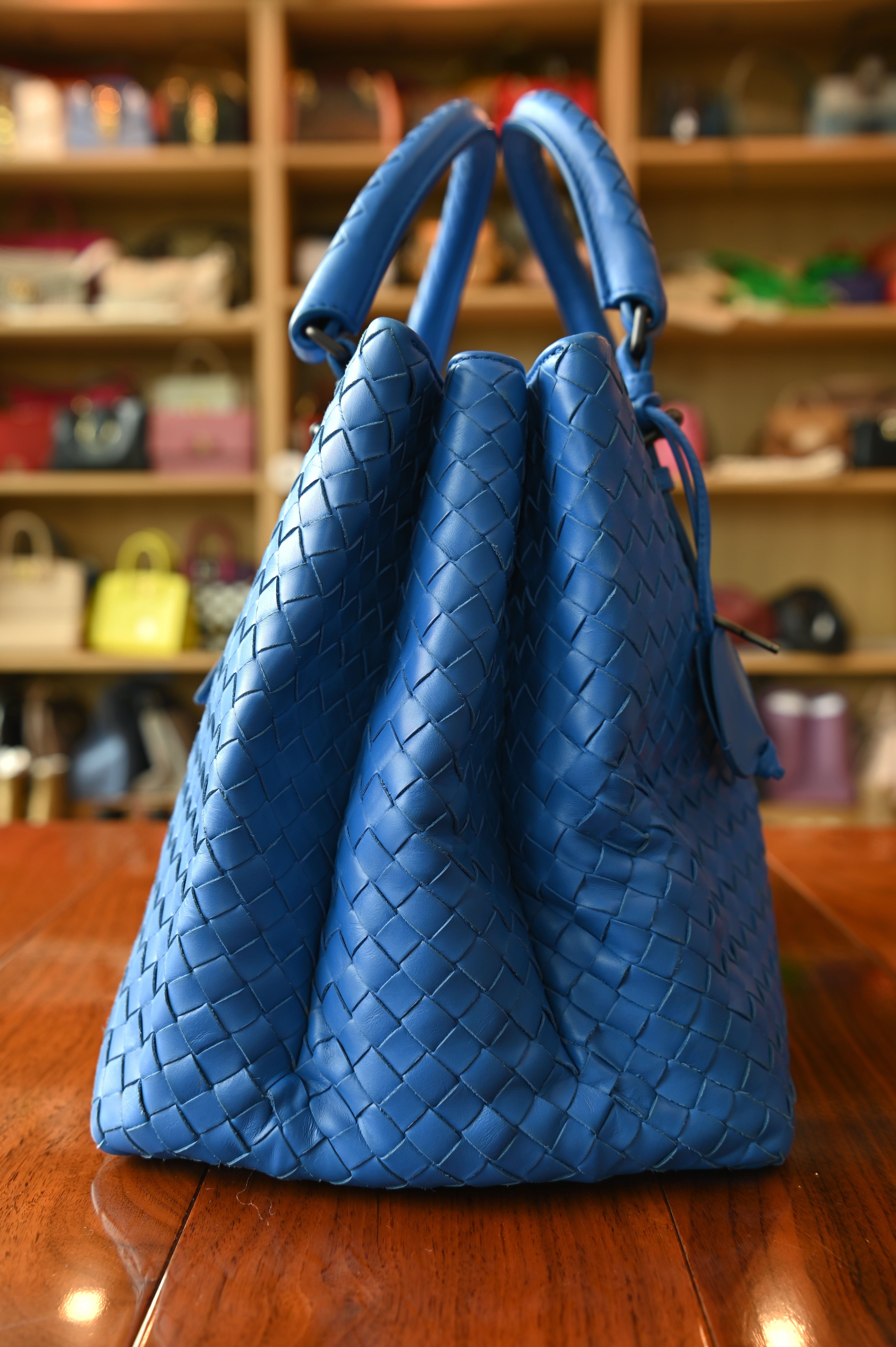 Bottega Veneta Blue Woven Intrecciato Top Handle Bag side two