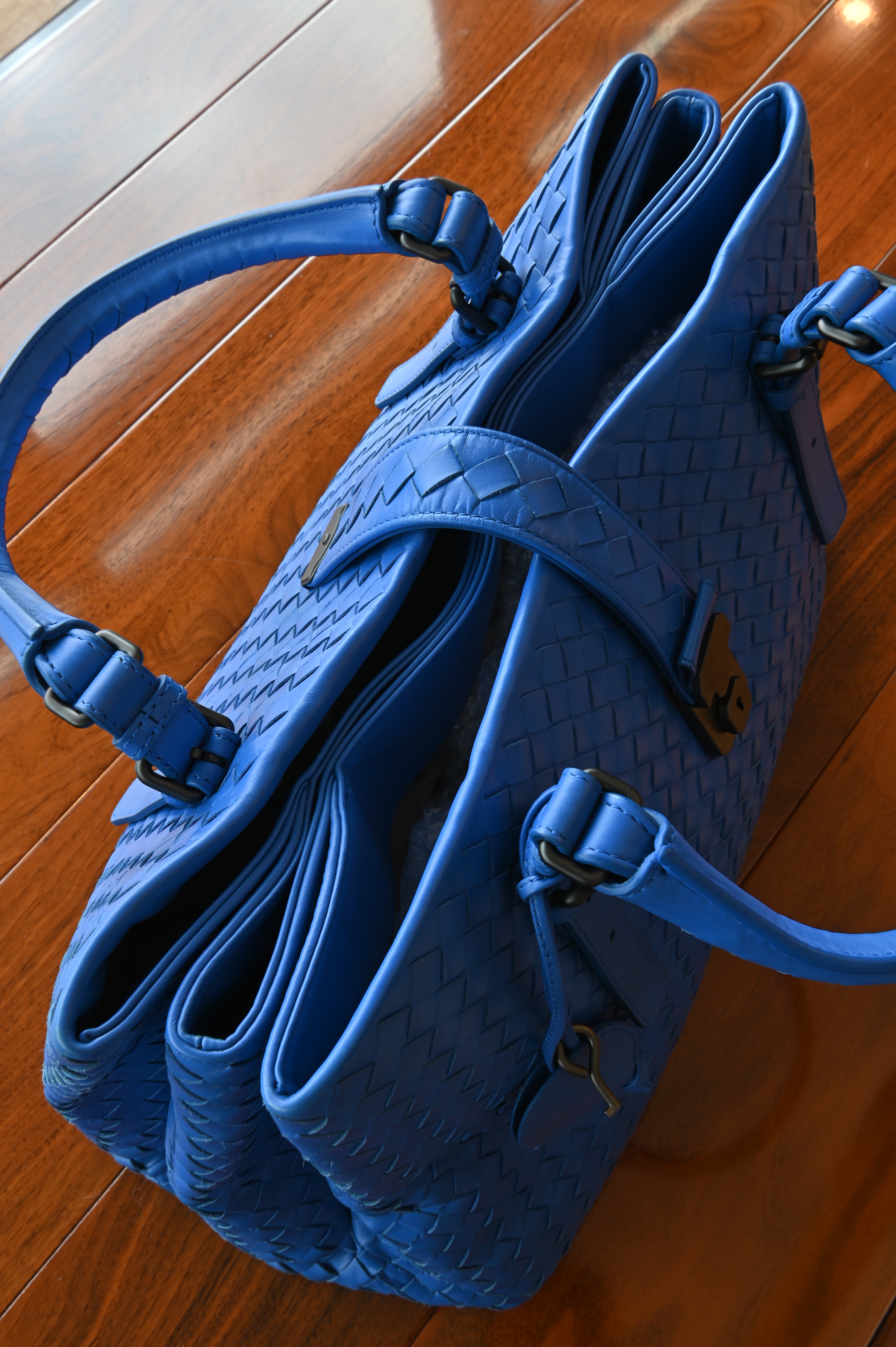 Bottega Veneta Blue Woven Intrecciato Top Handle Bag top two