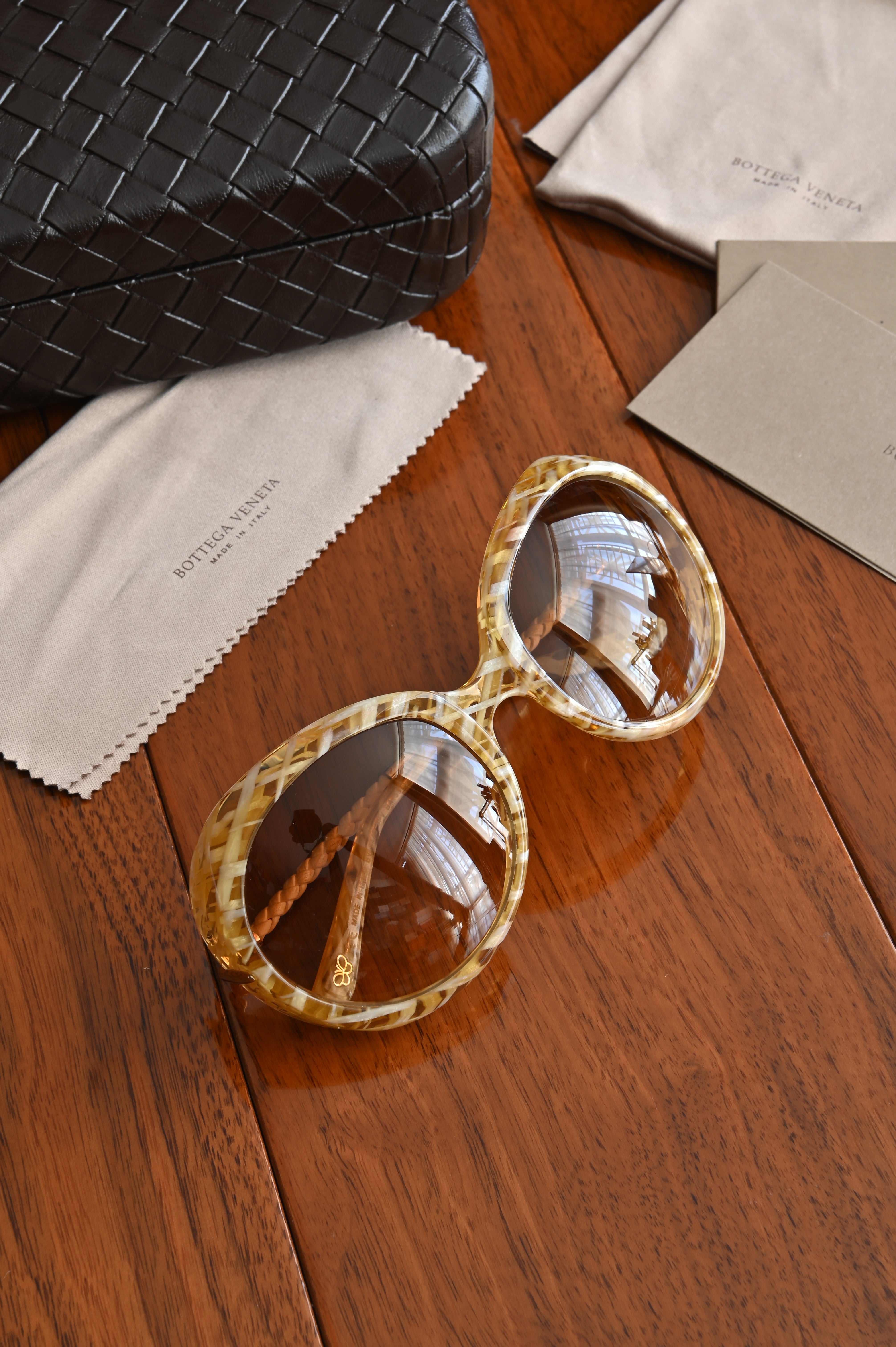 Bottega Veneta Intrecciato Mustard yellow sunglasses front