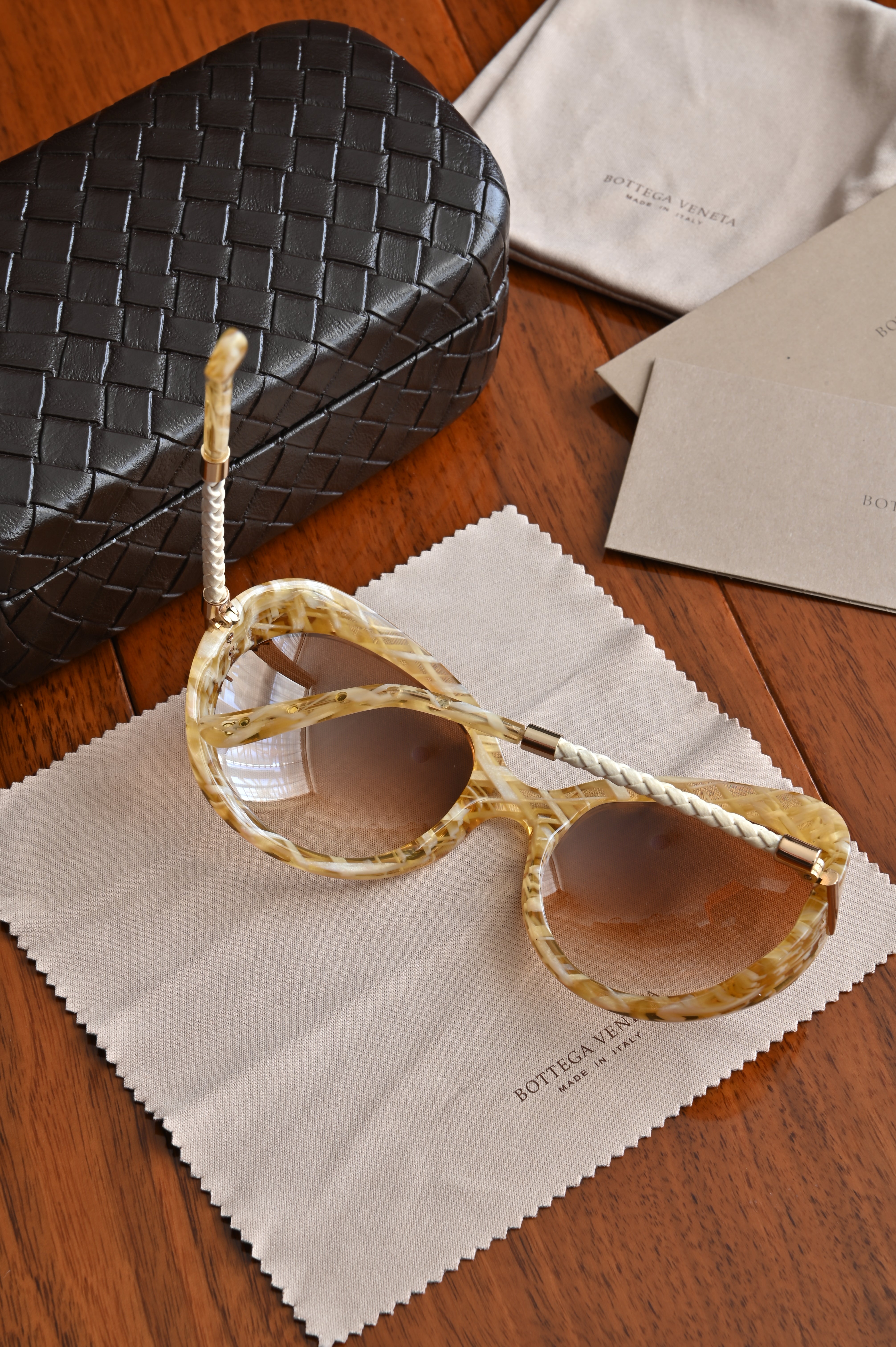 Bottega Veneta Intrecciato Mustard yellow sunglasses left arm