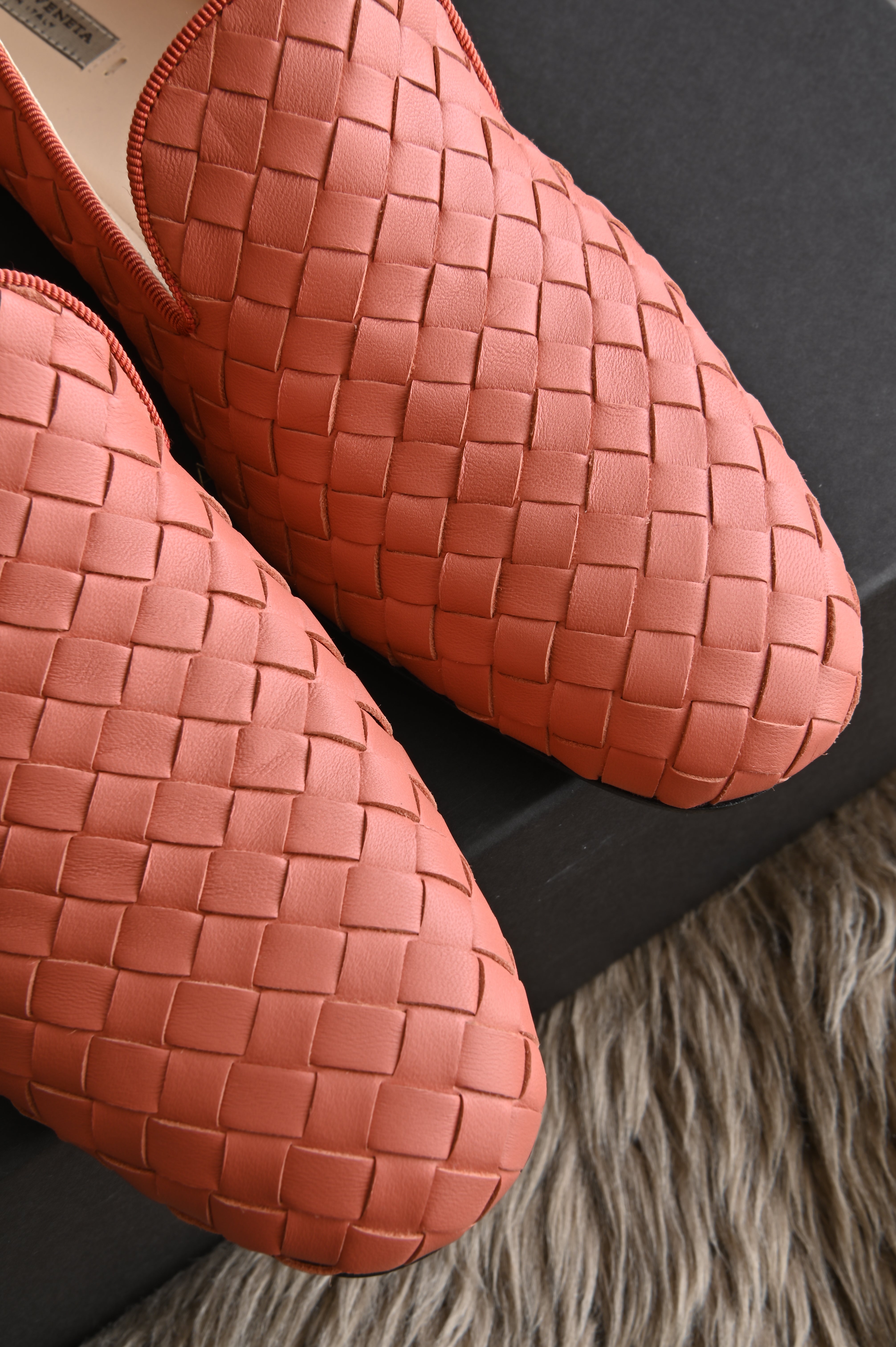 Bottega Veneta Intrecciato Peach Slippers front close up