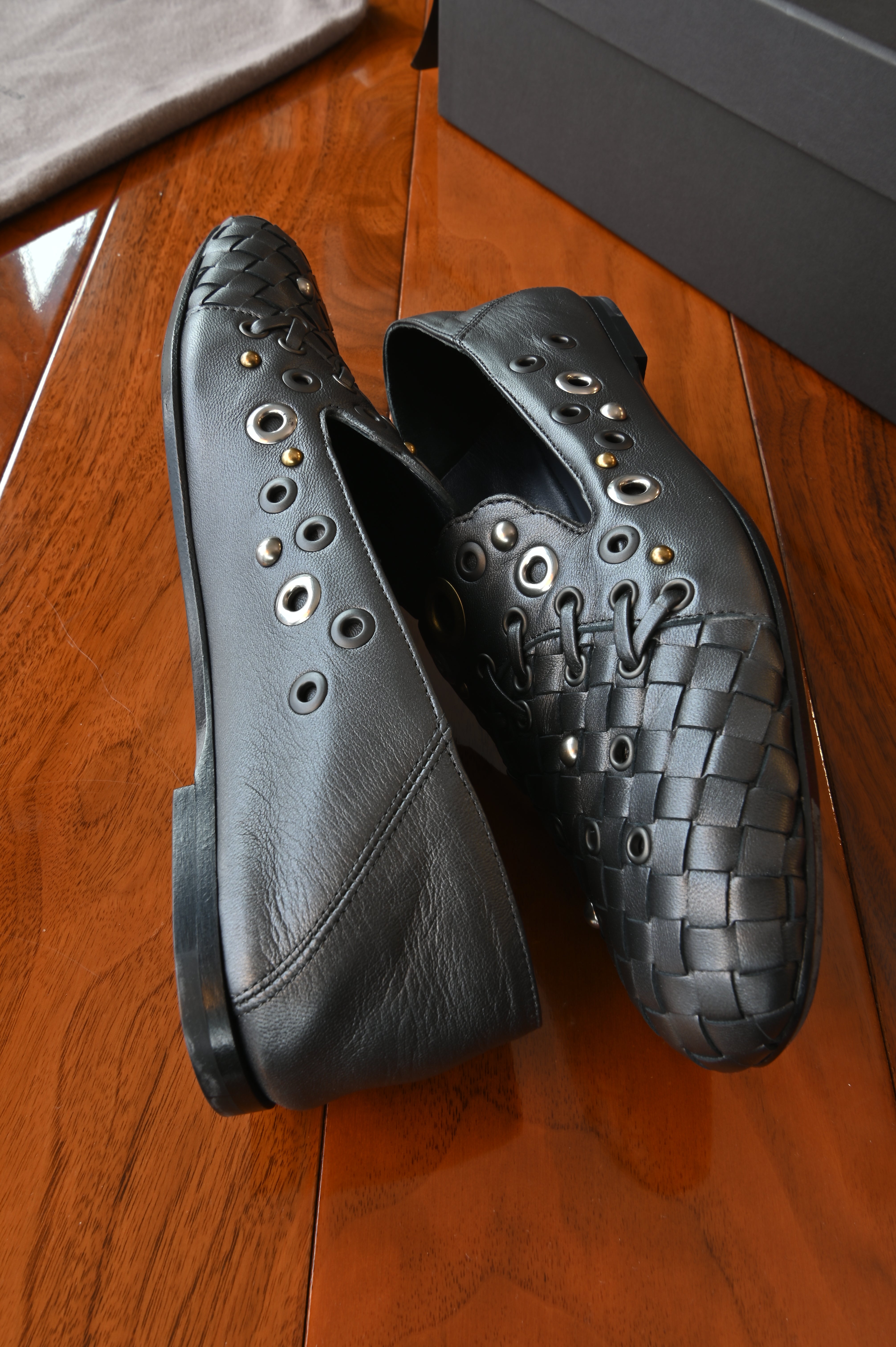 Bottega Veneta Metallic Black Intrecciato Leather Studded Loafers side two