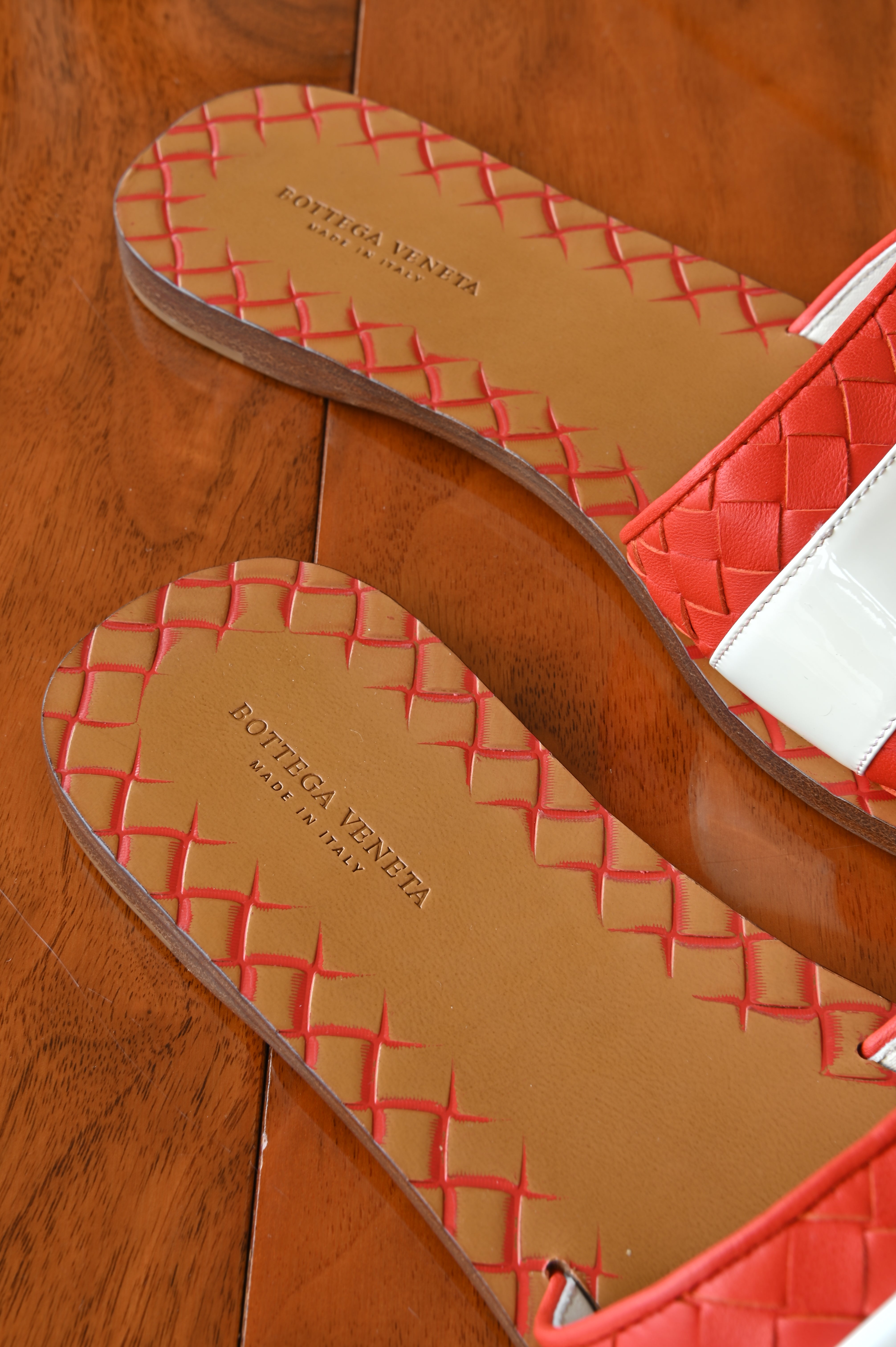 Bottega Veneta Orange White Brown Intrecciato Flat Sandals back