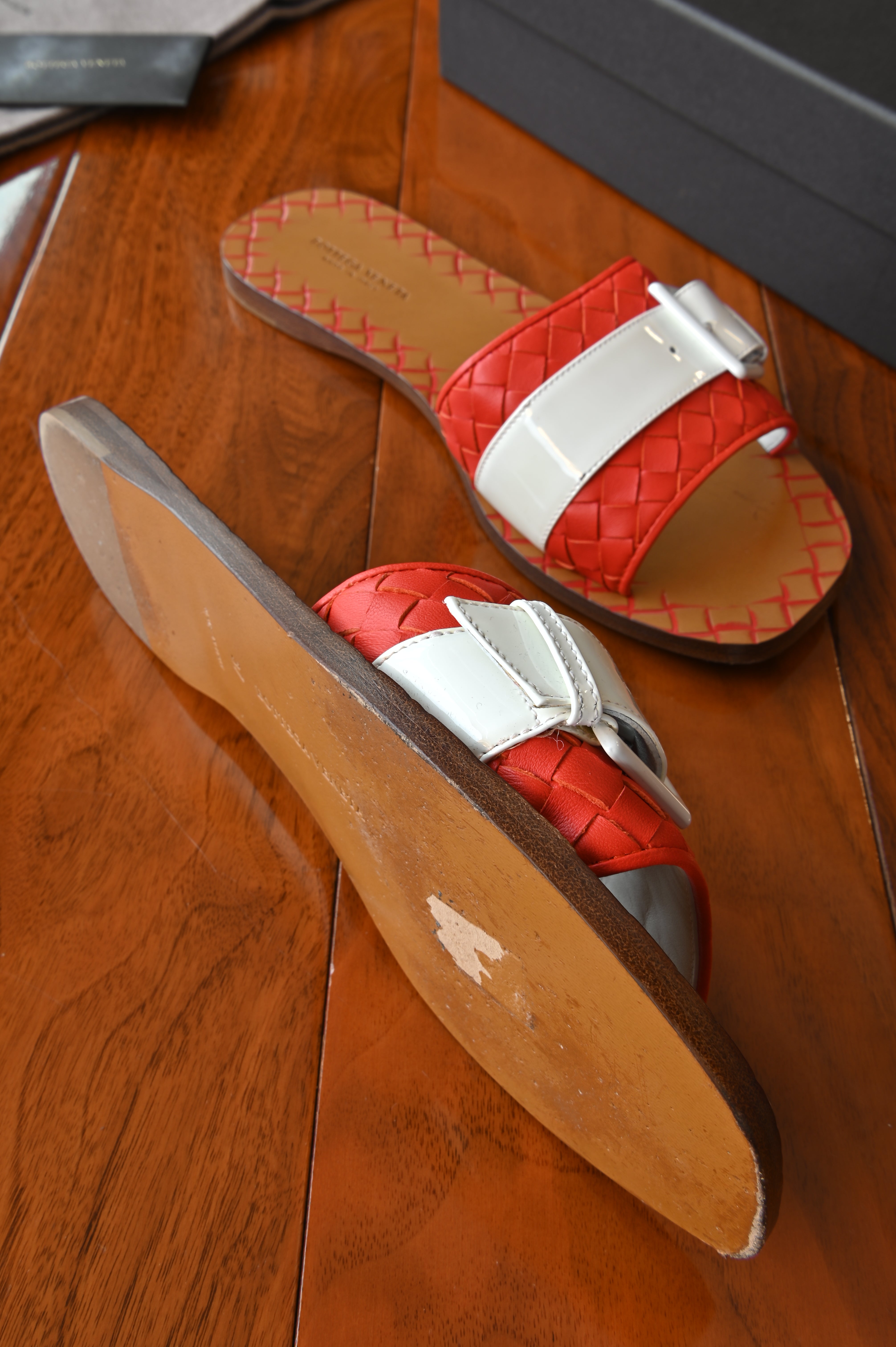Bottega Veneta Orange White Brown Intrecciato Flat Sandals left