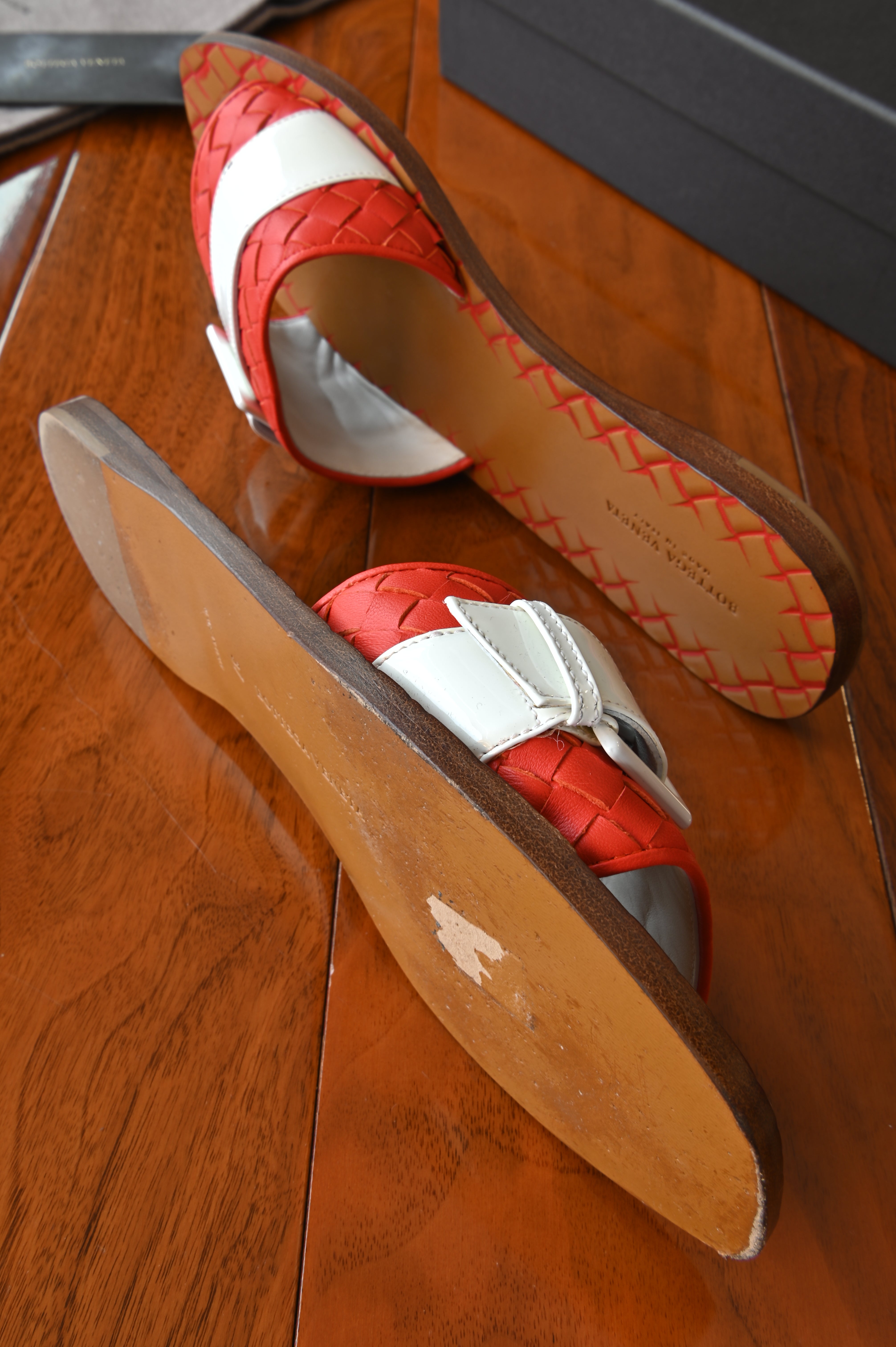 Bottega Veneta Orange White Brown Intrecciato Flat Sandals side