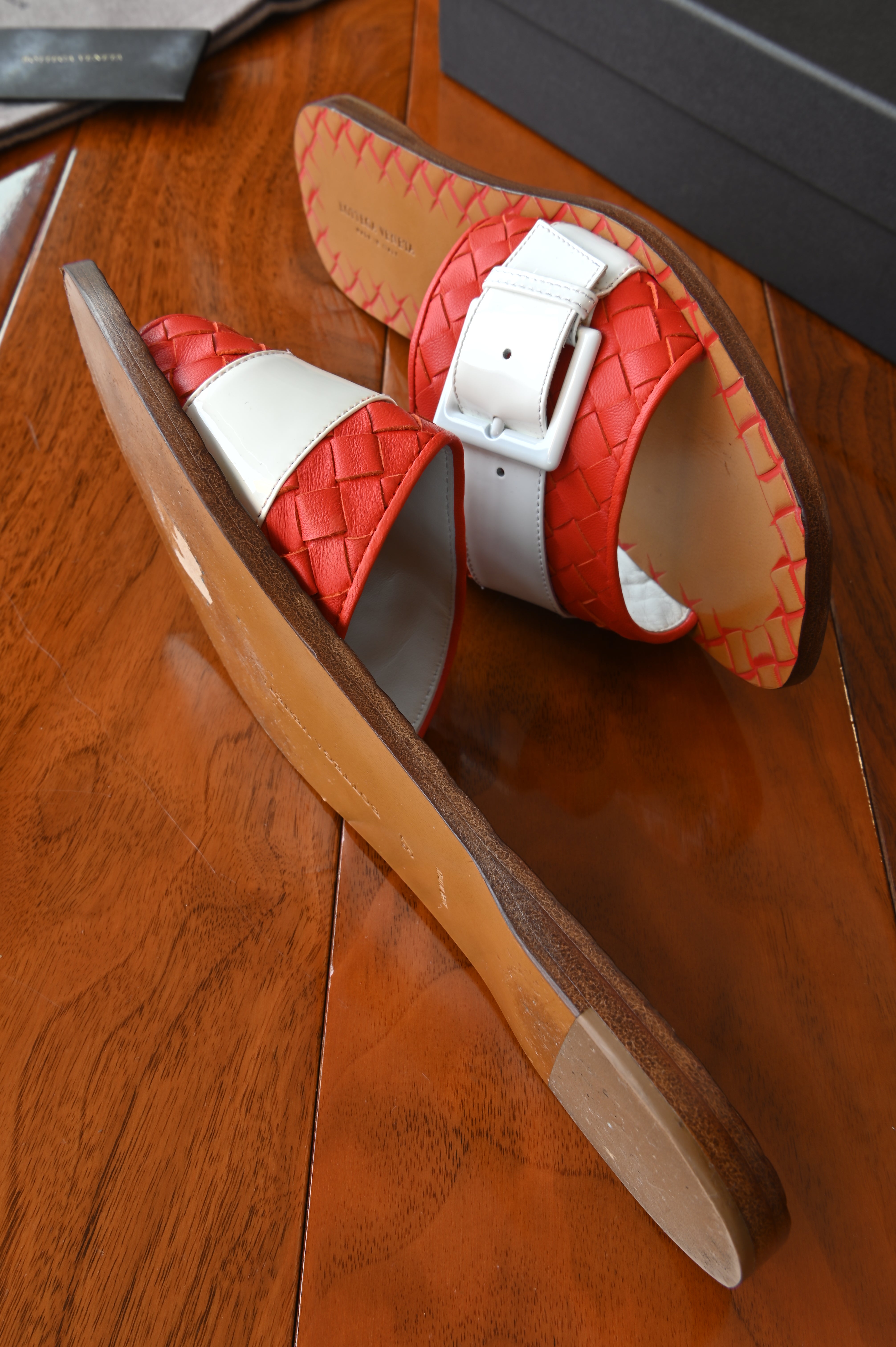 Bottega Veneta Orange White Brown Intrecciato Flat Sandals side two