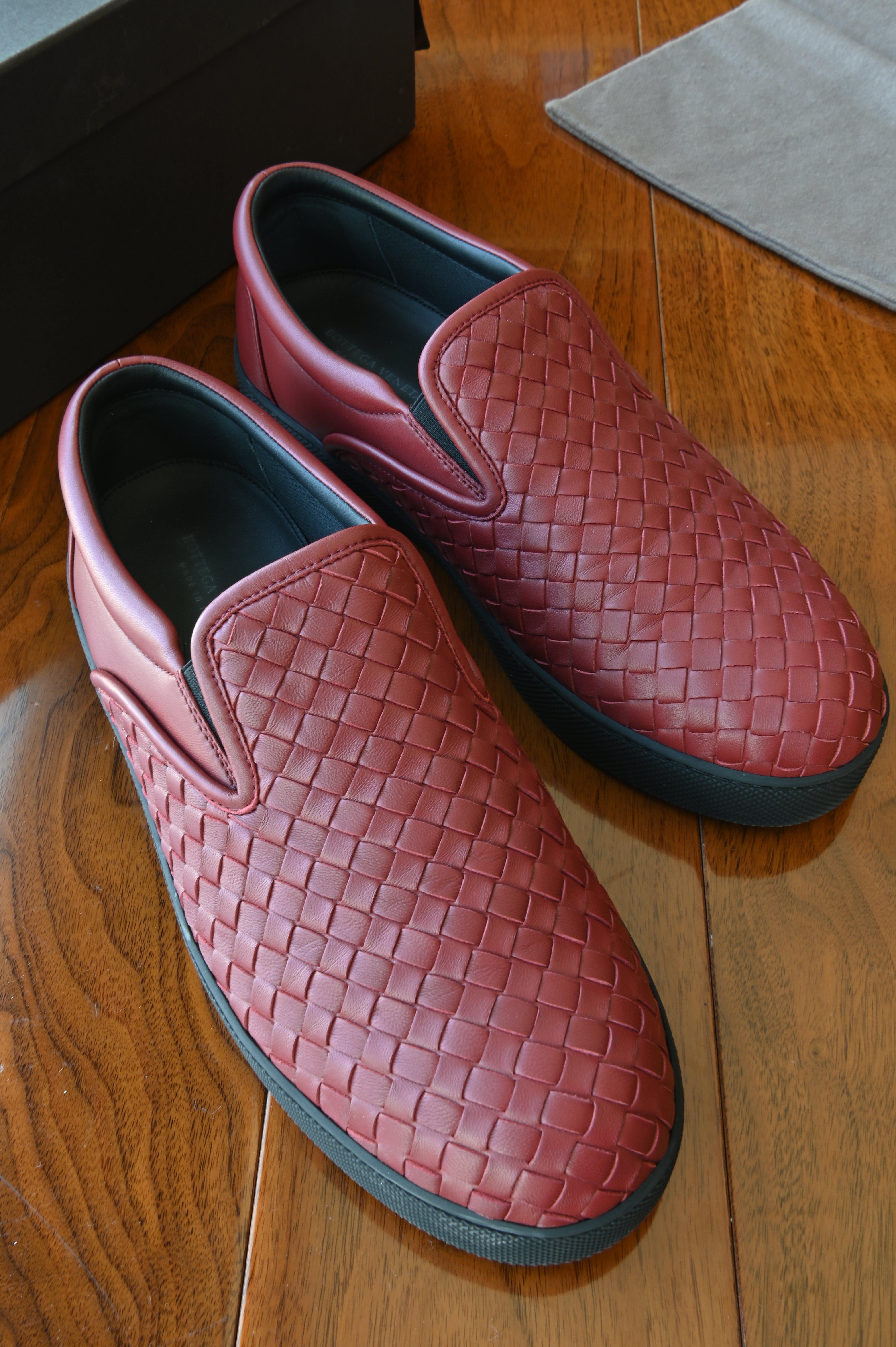 Bottega Veneta Red Leather Intrecciato Slip On Sneakers