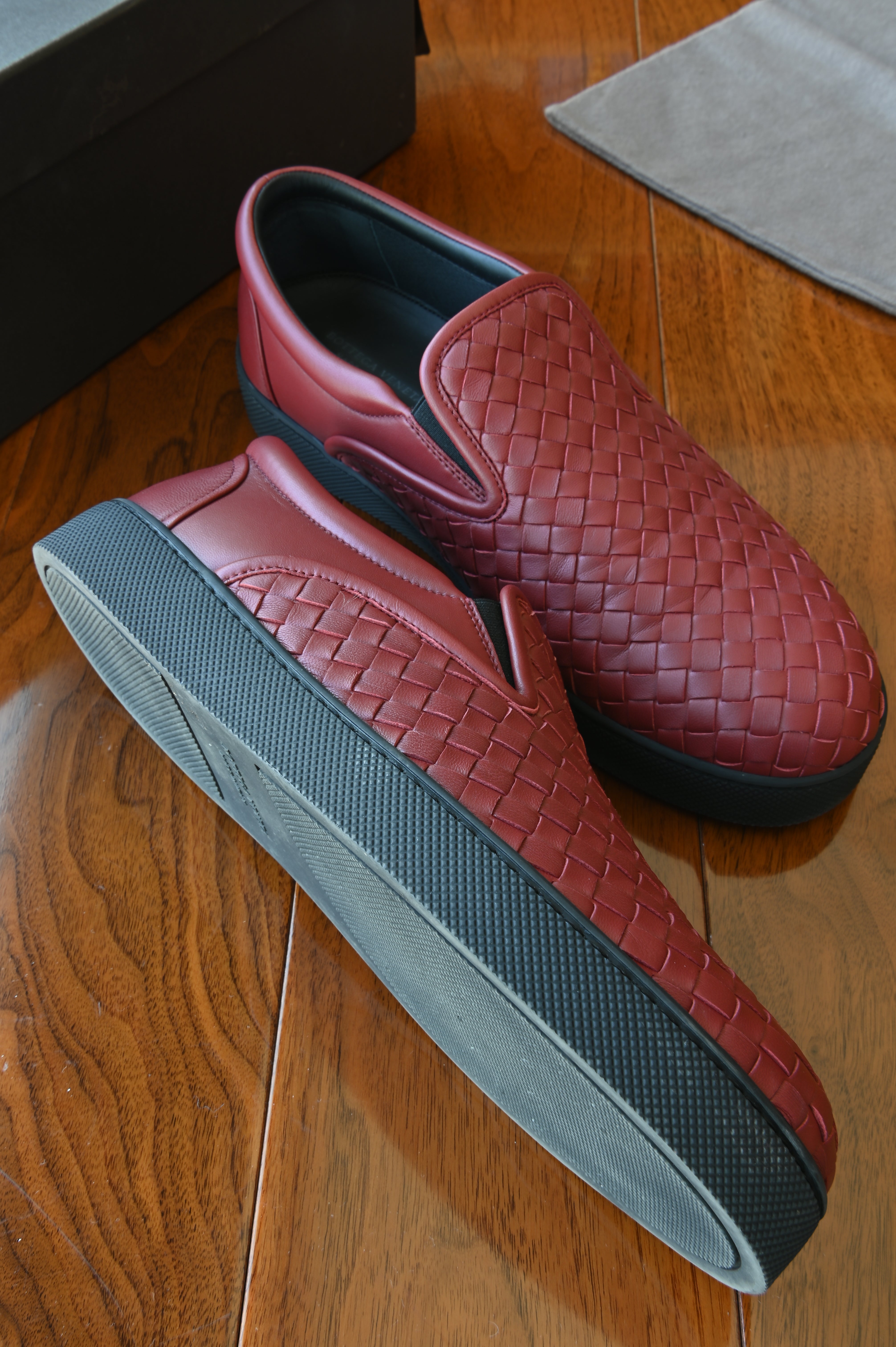 Bottega Veneta Red Leather Intrecciato Slip On Sneakers left