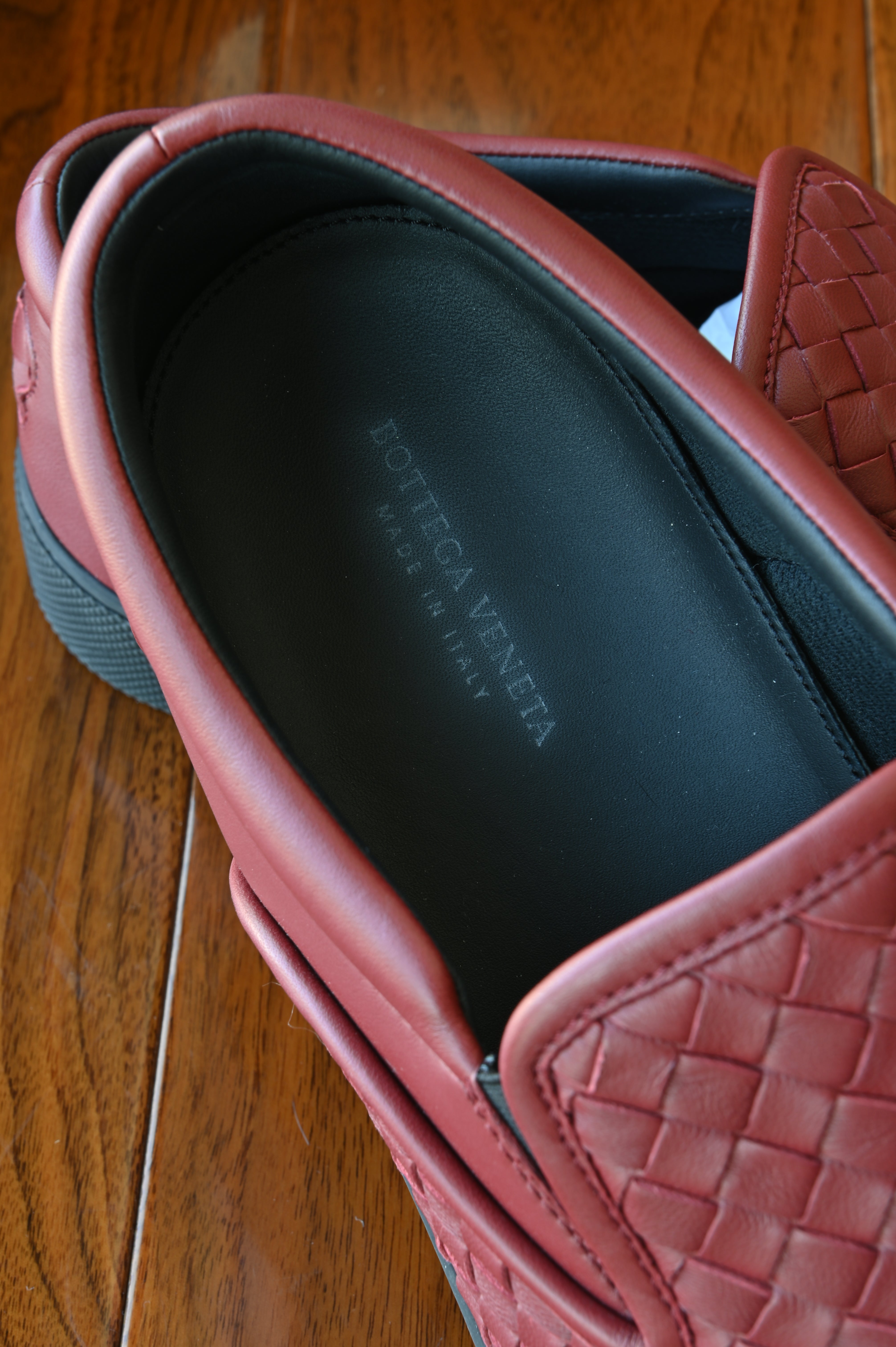 Bottega Veneta Red Leather Intrecciato Slip On Sneakers logo two