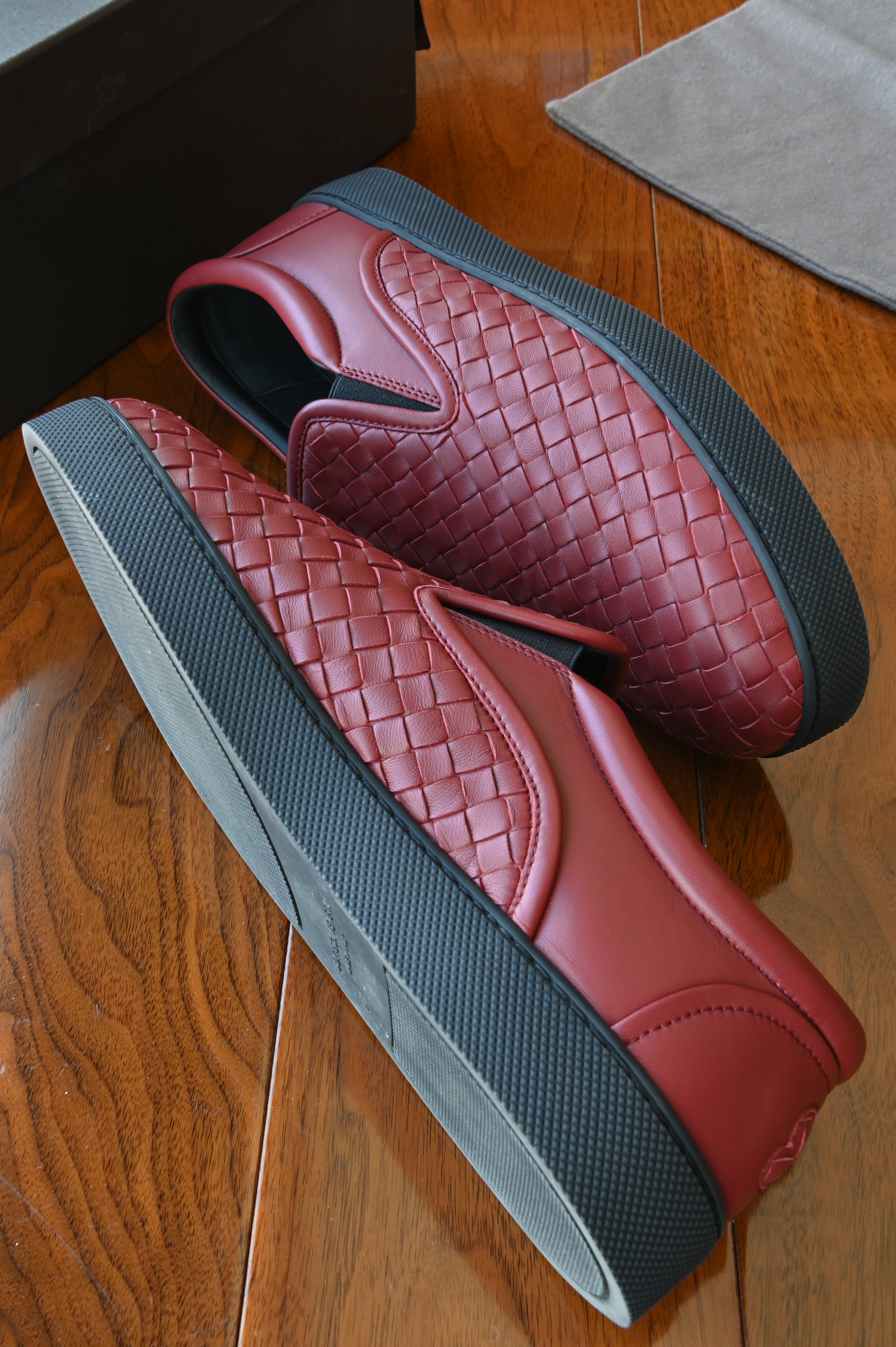 Bottega Veneta Red Leather Intrecciato Slip On Sneakers side two