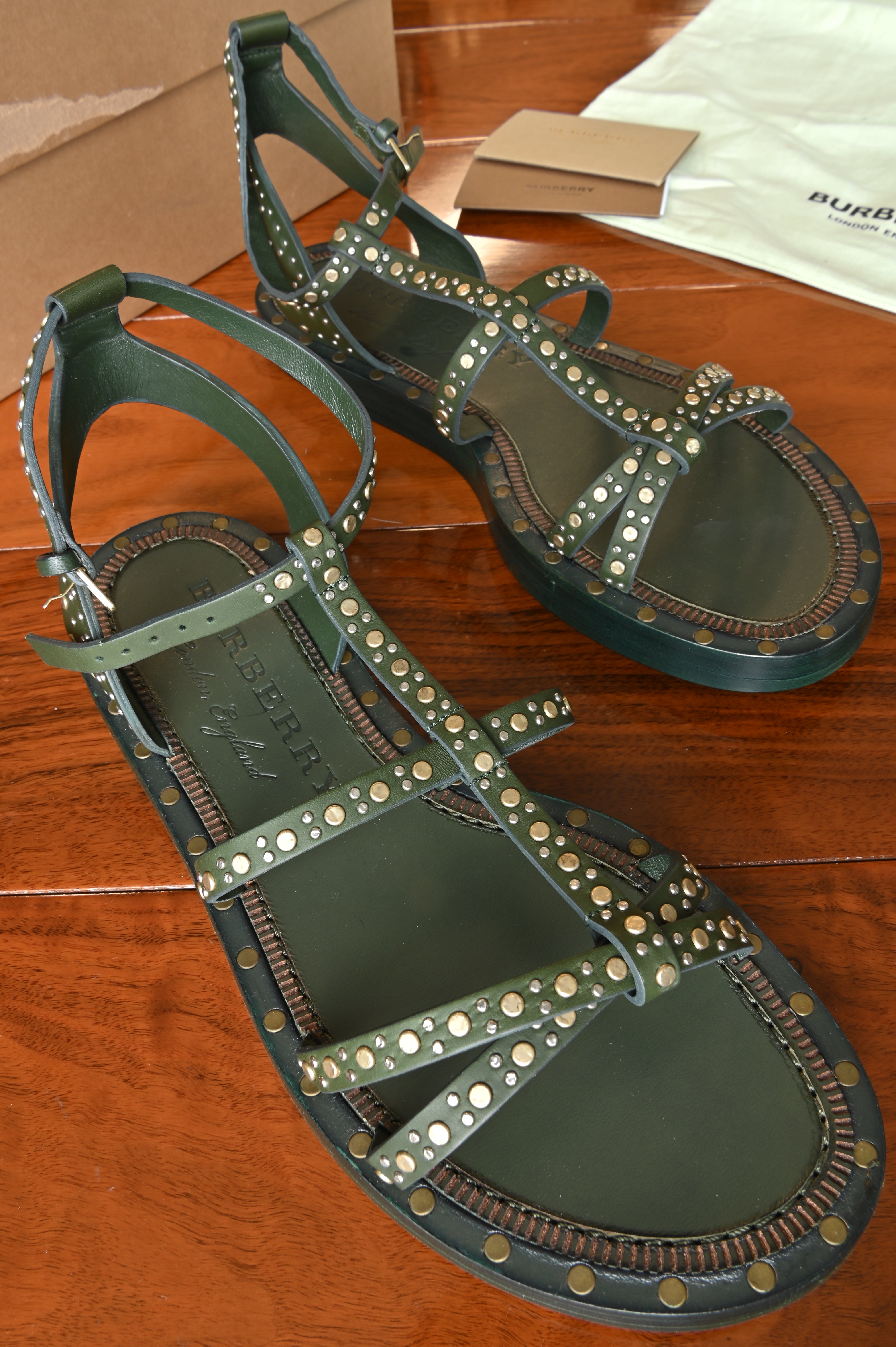 Burberry Green Studded Flat Sandals