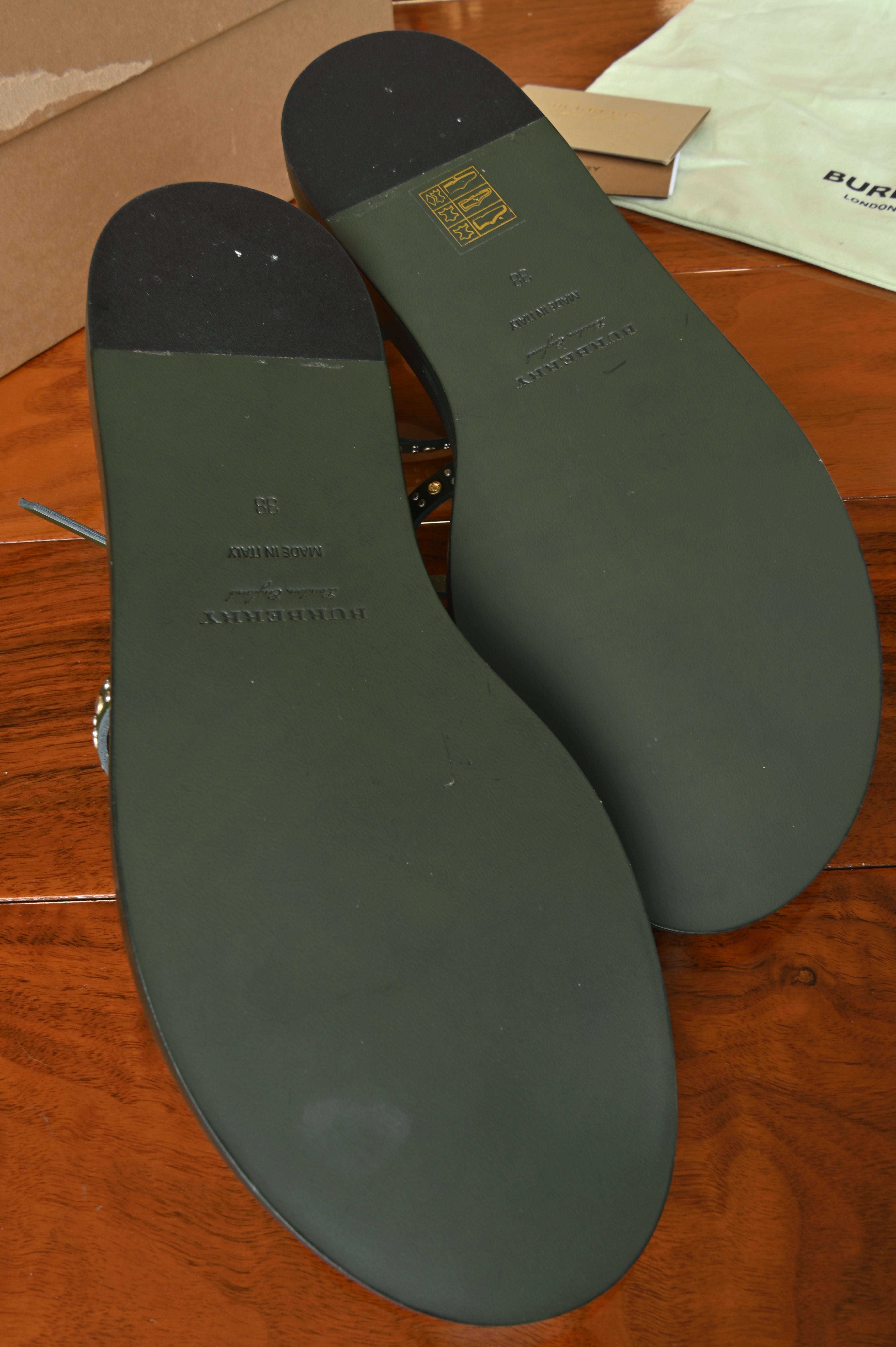 Burberry Green Studded Flat Sandals bottom