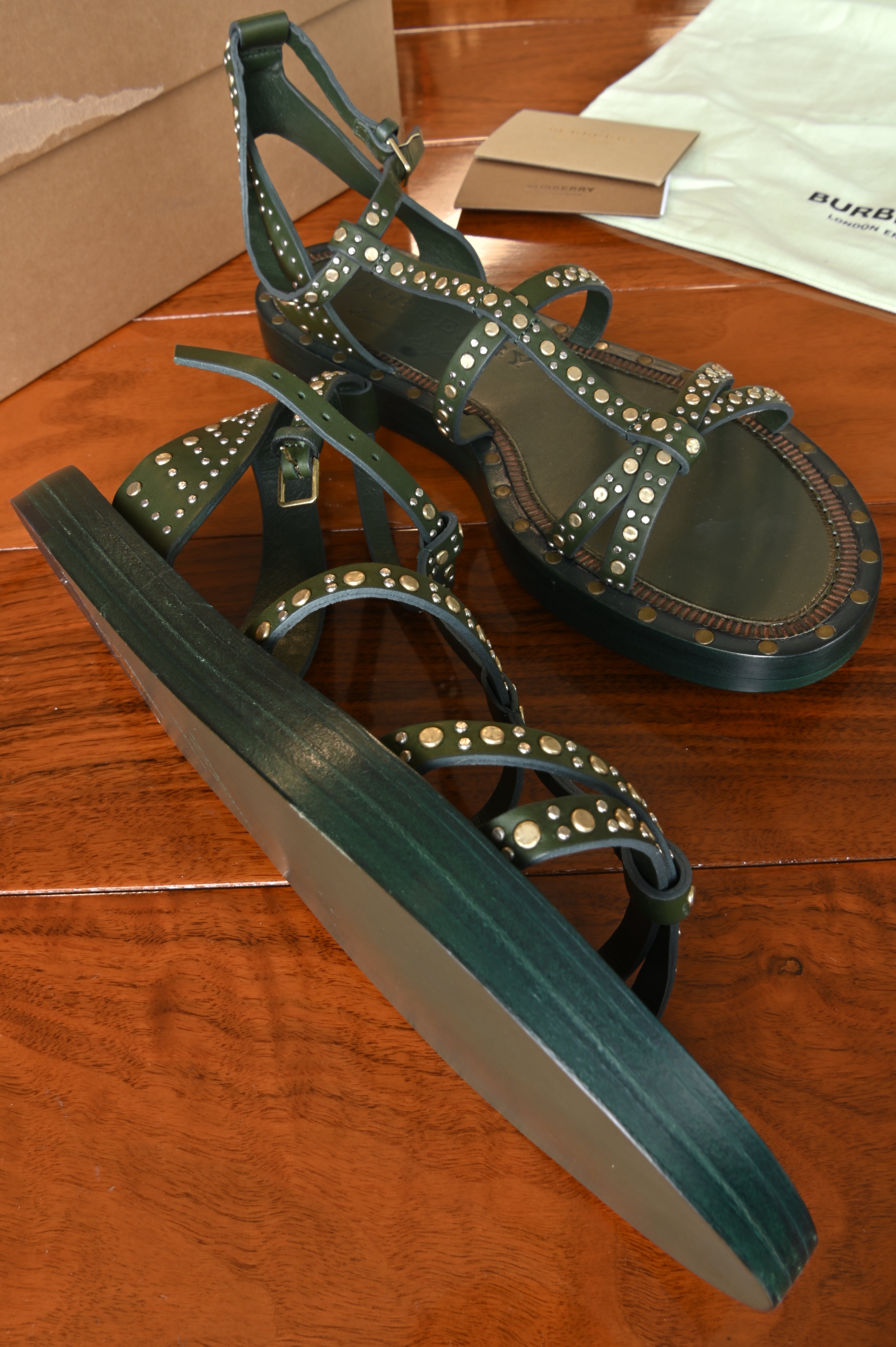 Burberry Green Studded Flat Sandals left
