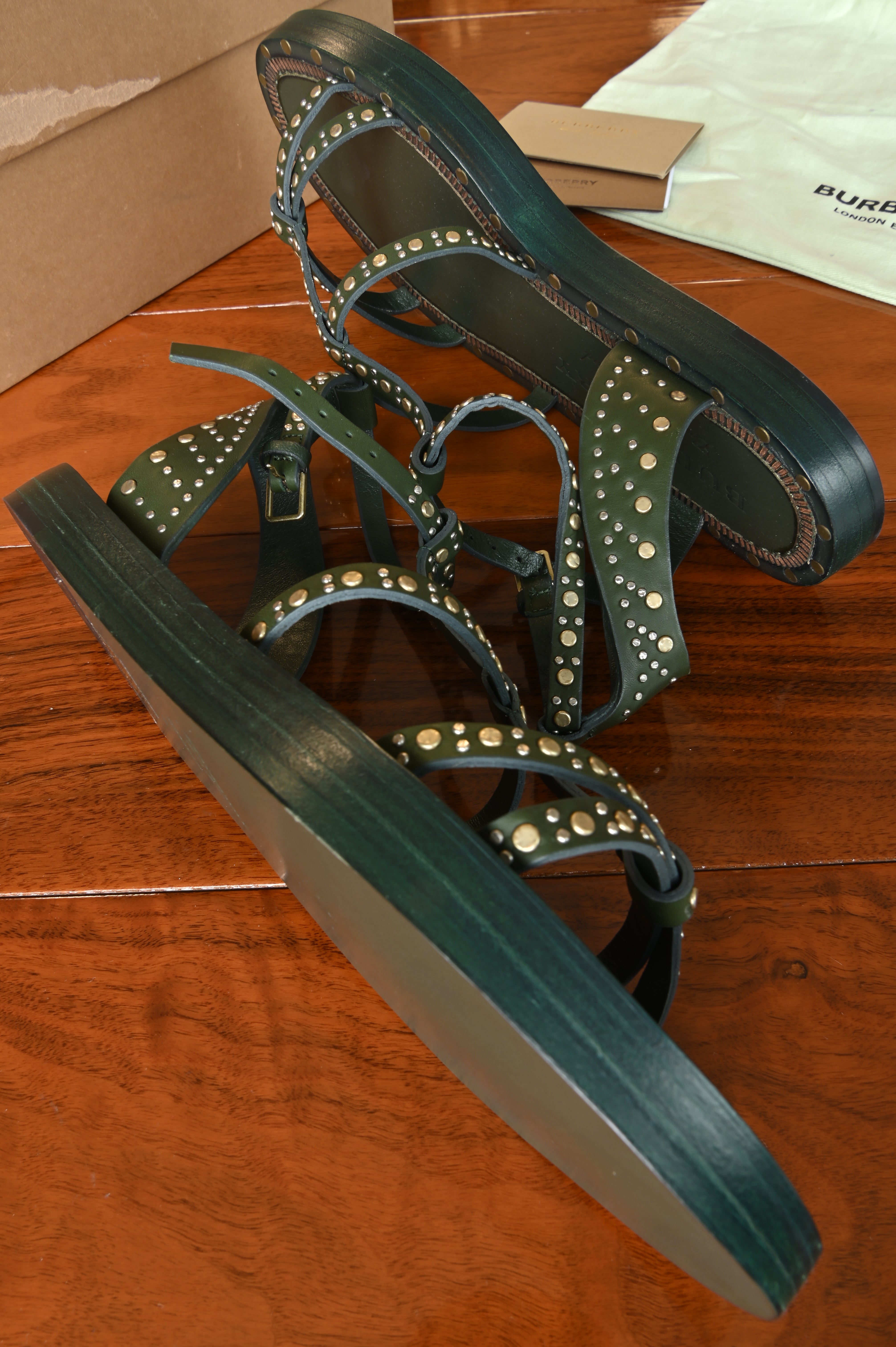 Burberry Green Studded Flat Sandals side