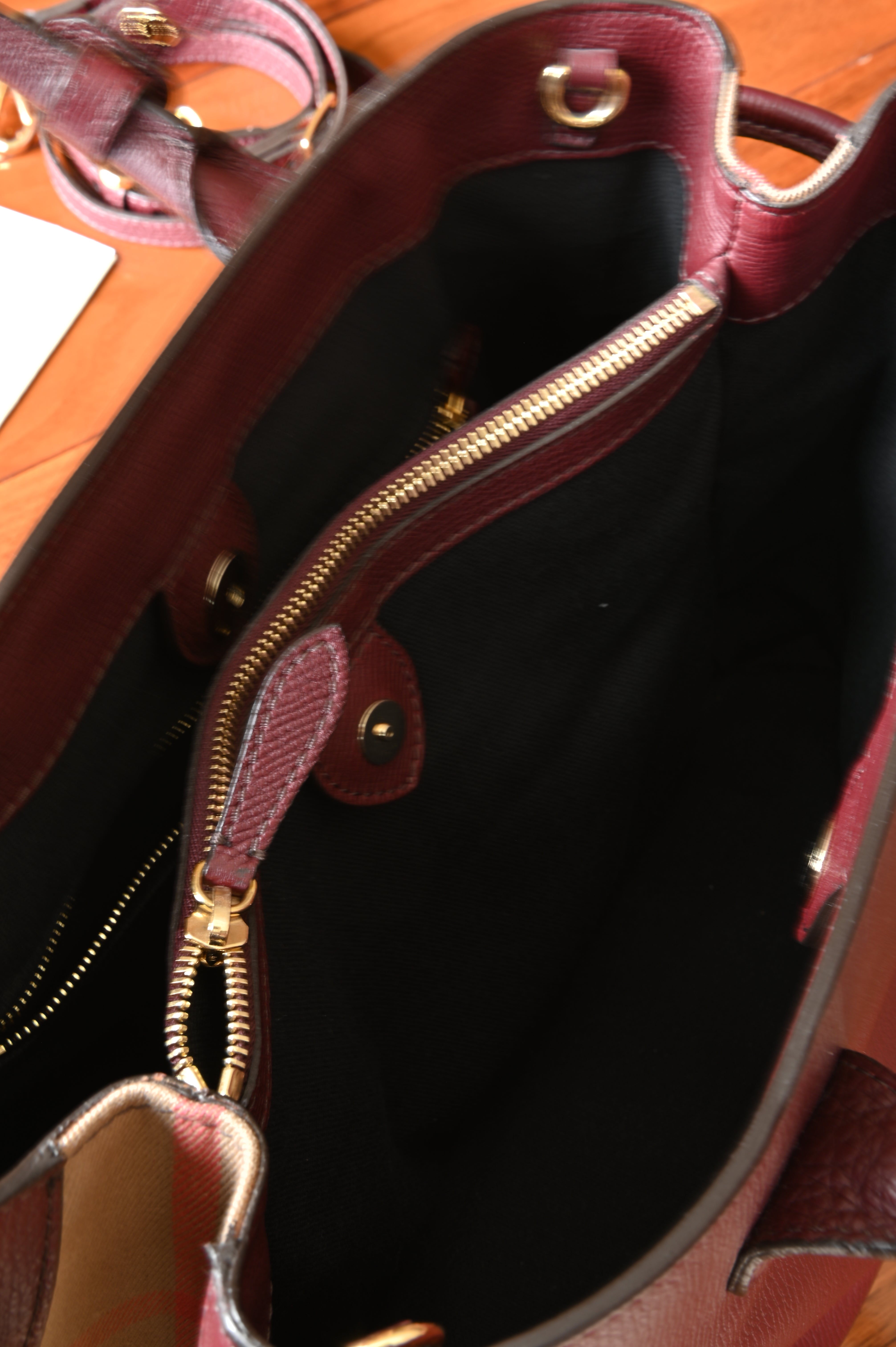 Burberry Maroon Banner Tote Bag open