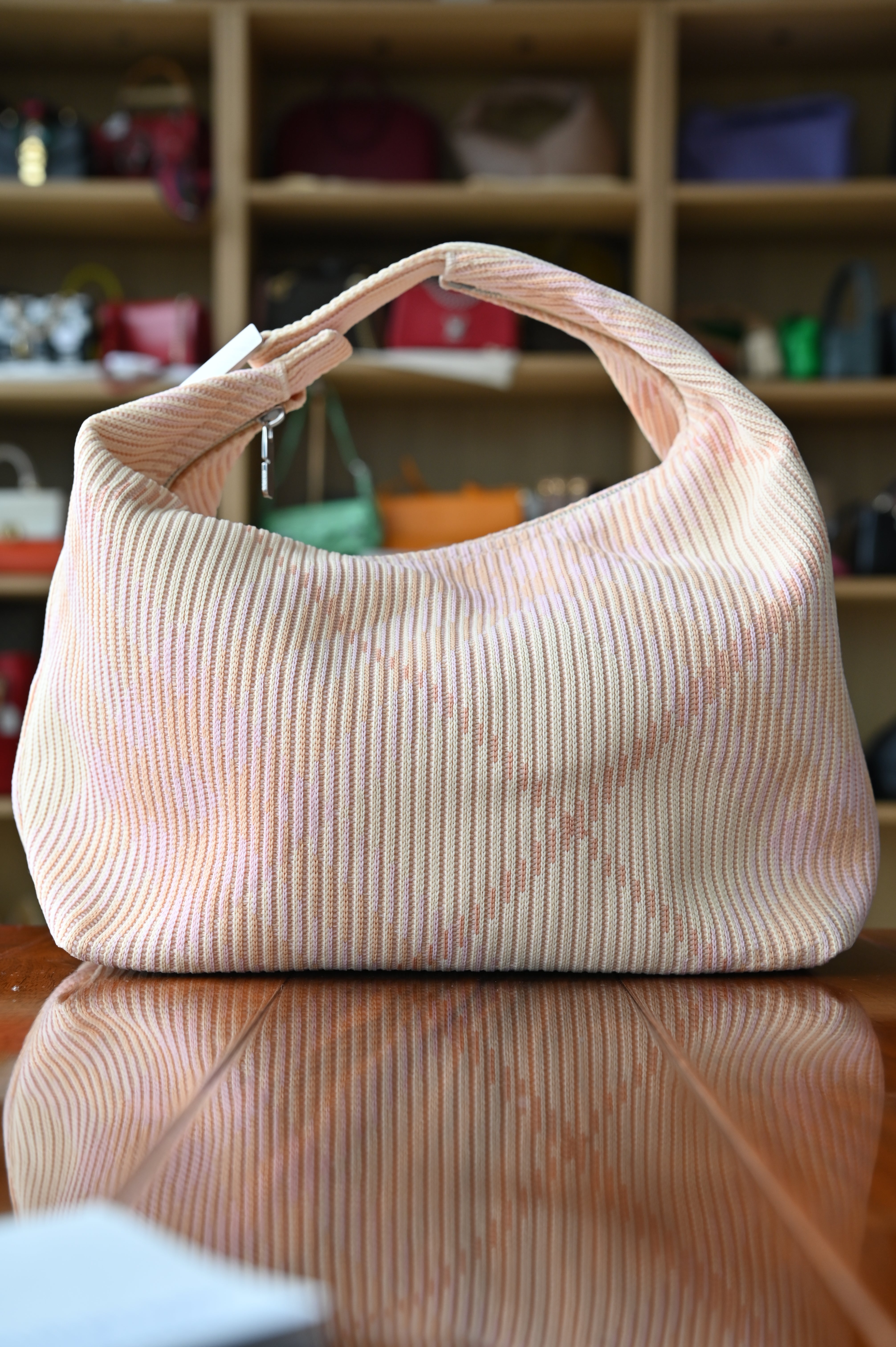 Burberry Peg Handle Pink Beige Knit Hobo Bag