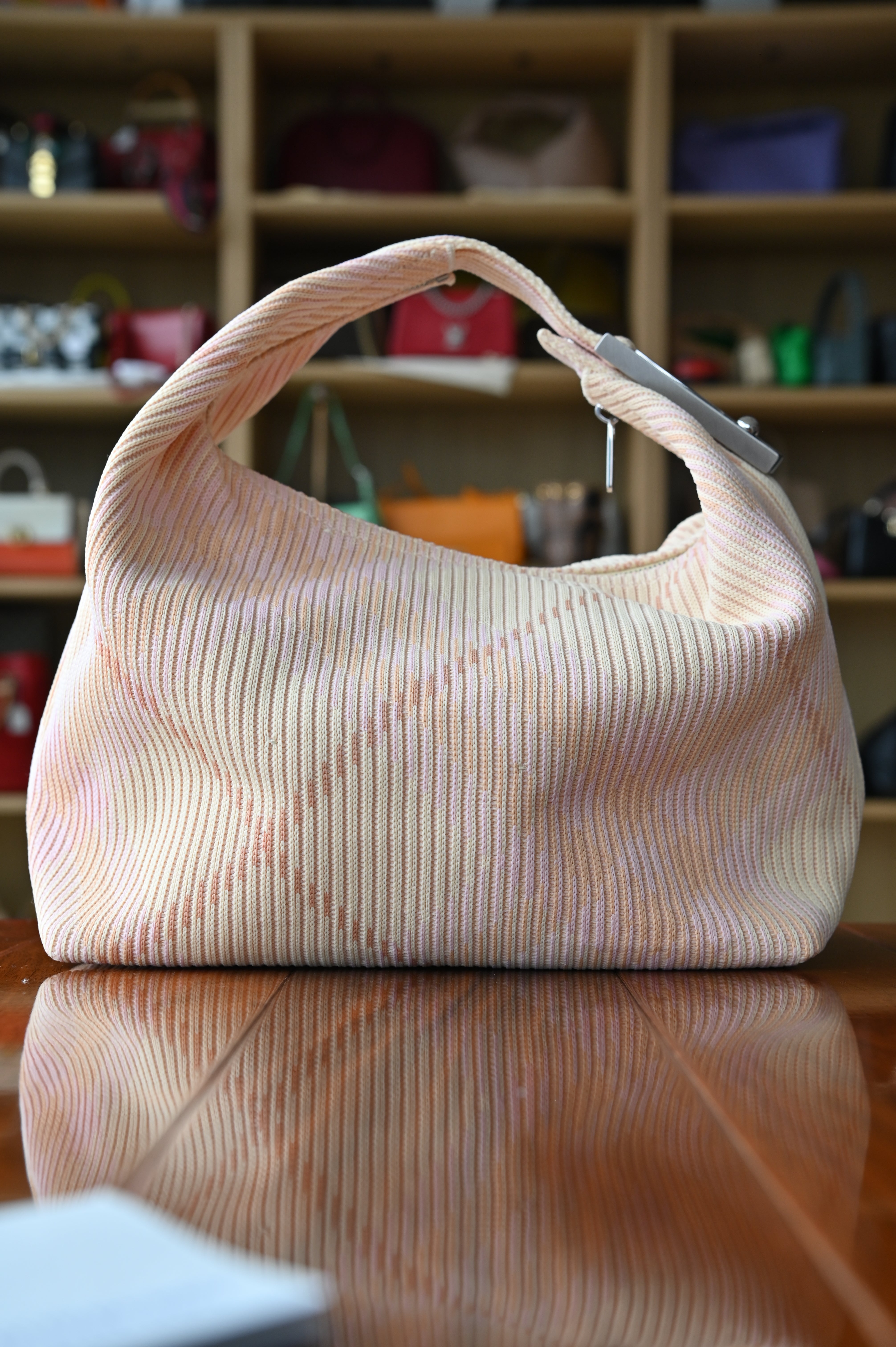 Burberry Peg Handle Pink Beige Knit Hobo Bag back