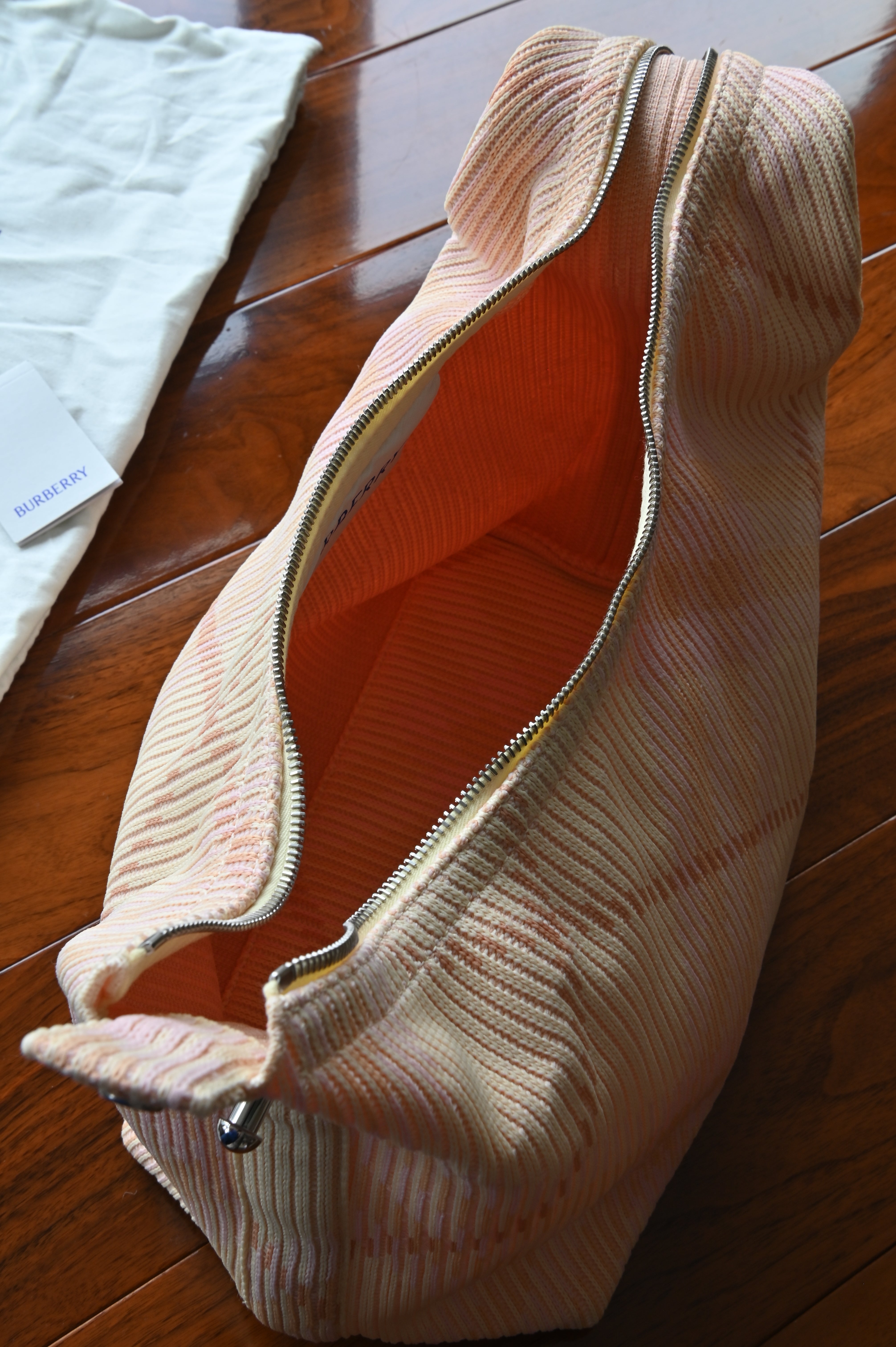 Burberry Peg Handle Pink Beige Knit Hobo Bag open