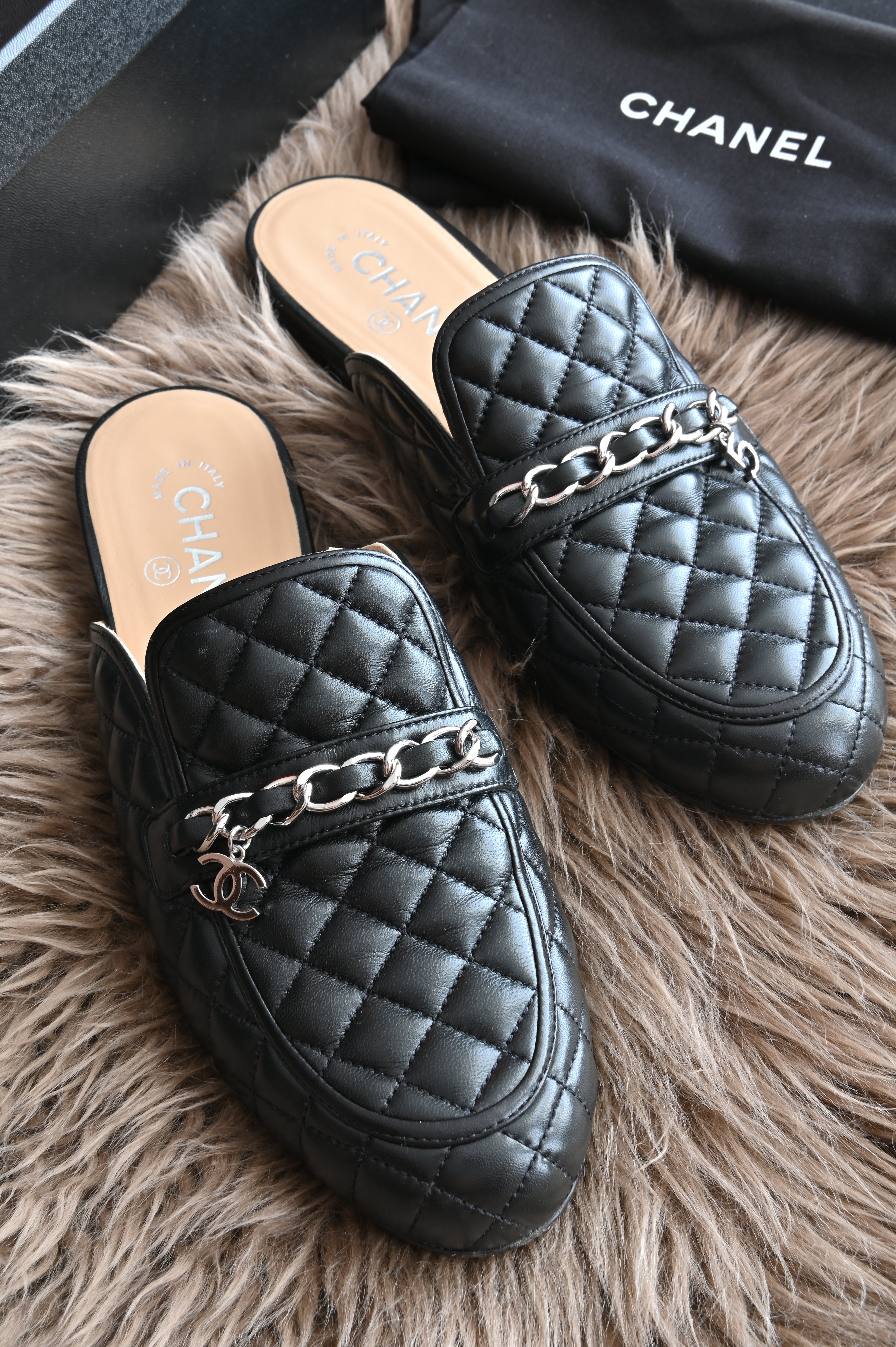 Chanel CC Quilted mules in black and silver hardware