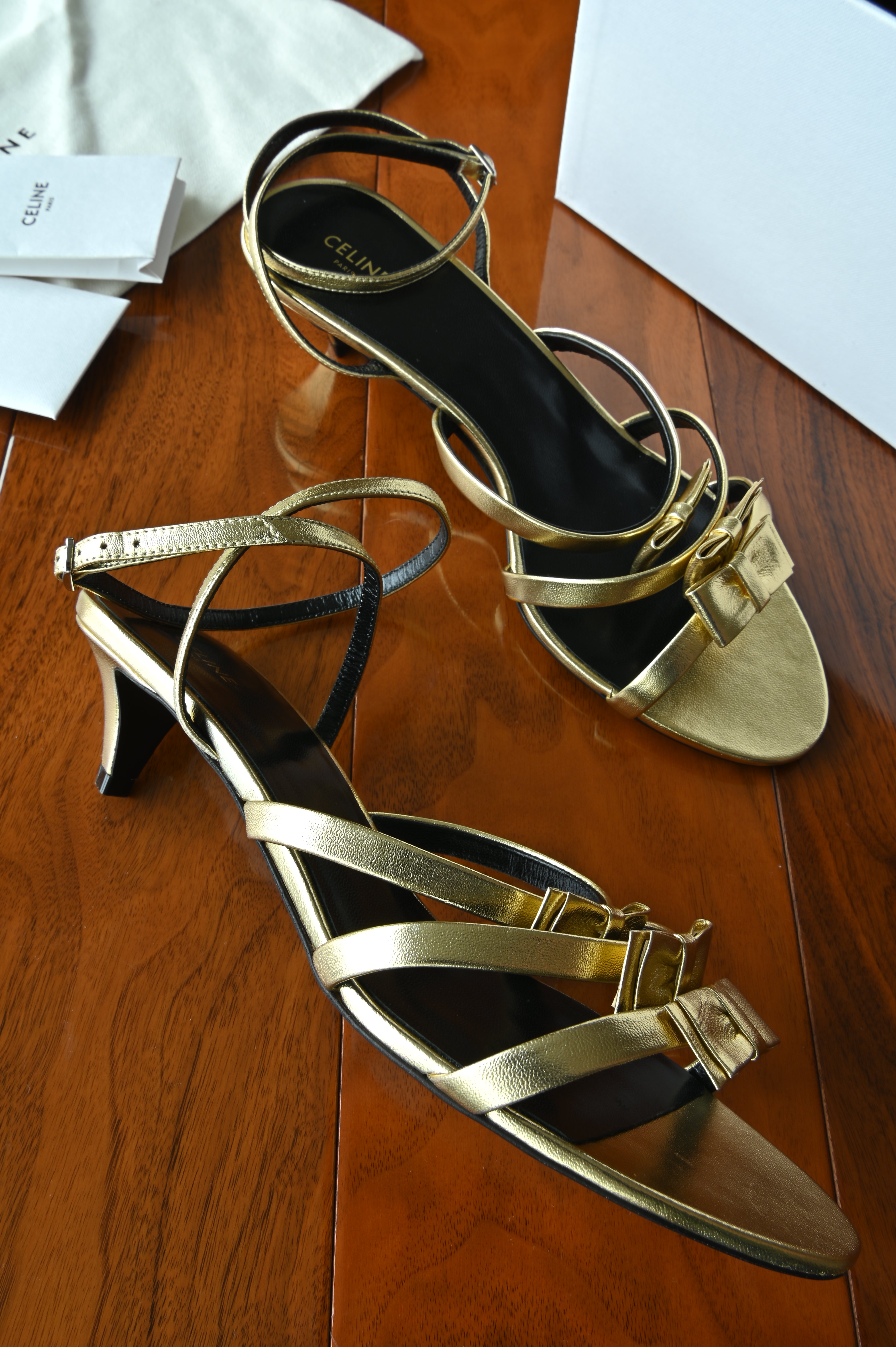 Celine Gold Ankle Strap Sandals left