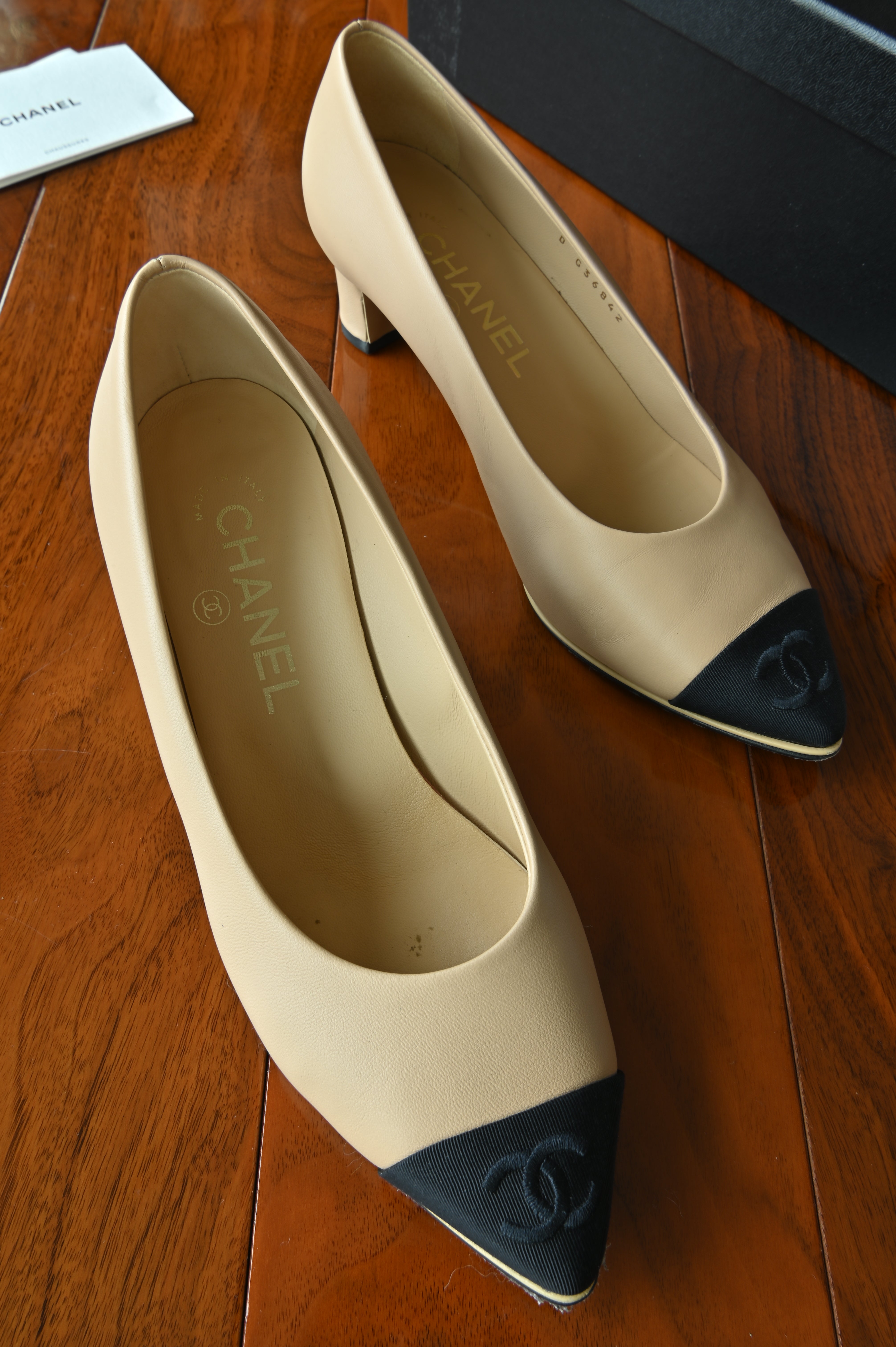Chanel Beige Black Block Heel Pumps