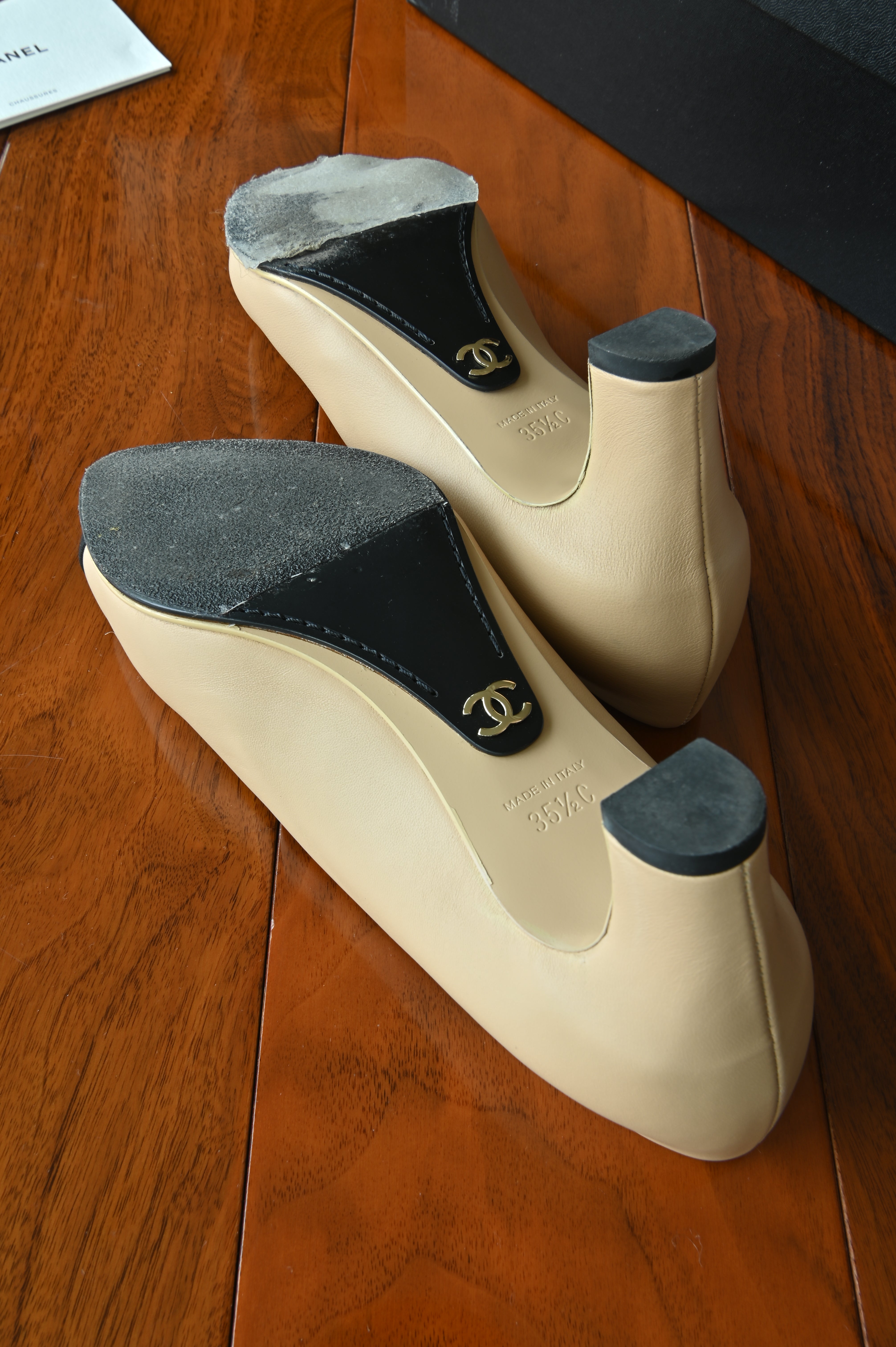 Chanel Beige Black Block Heel Pumps bottom