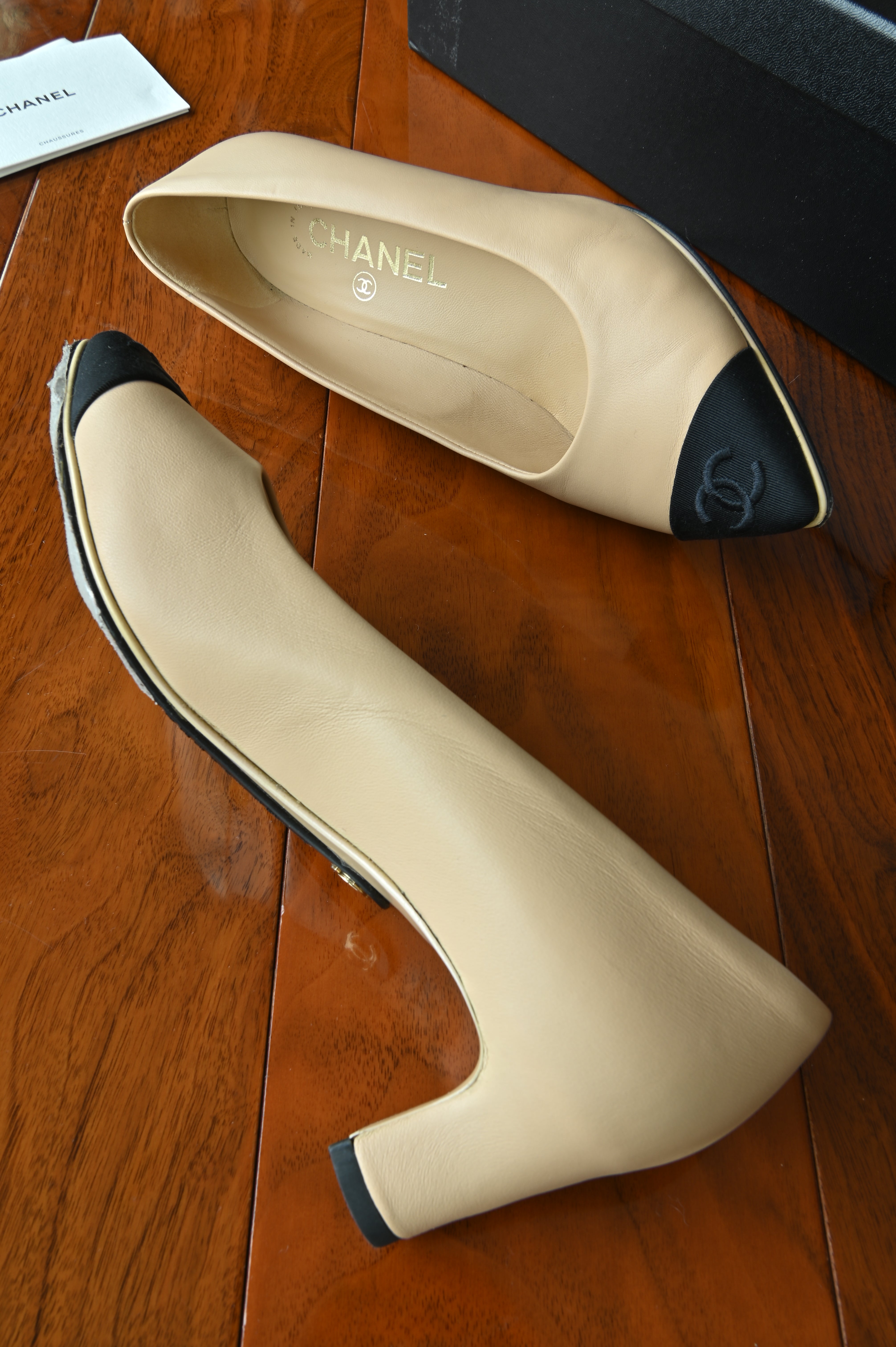 Chanel Beige Black Block Heel Pumps side two