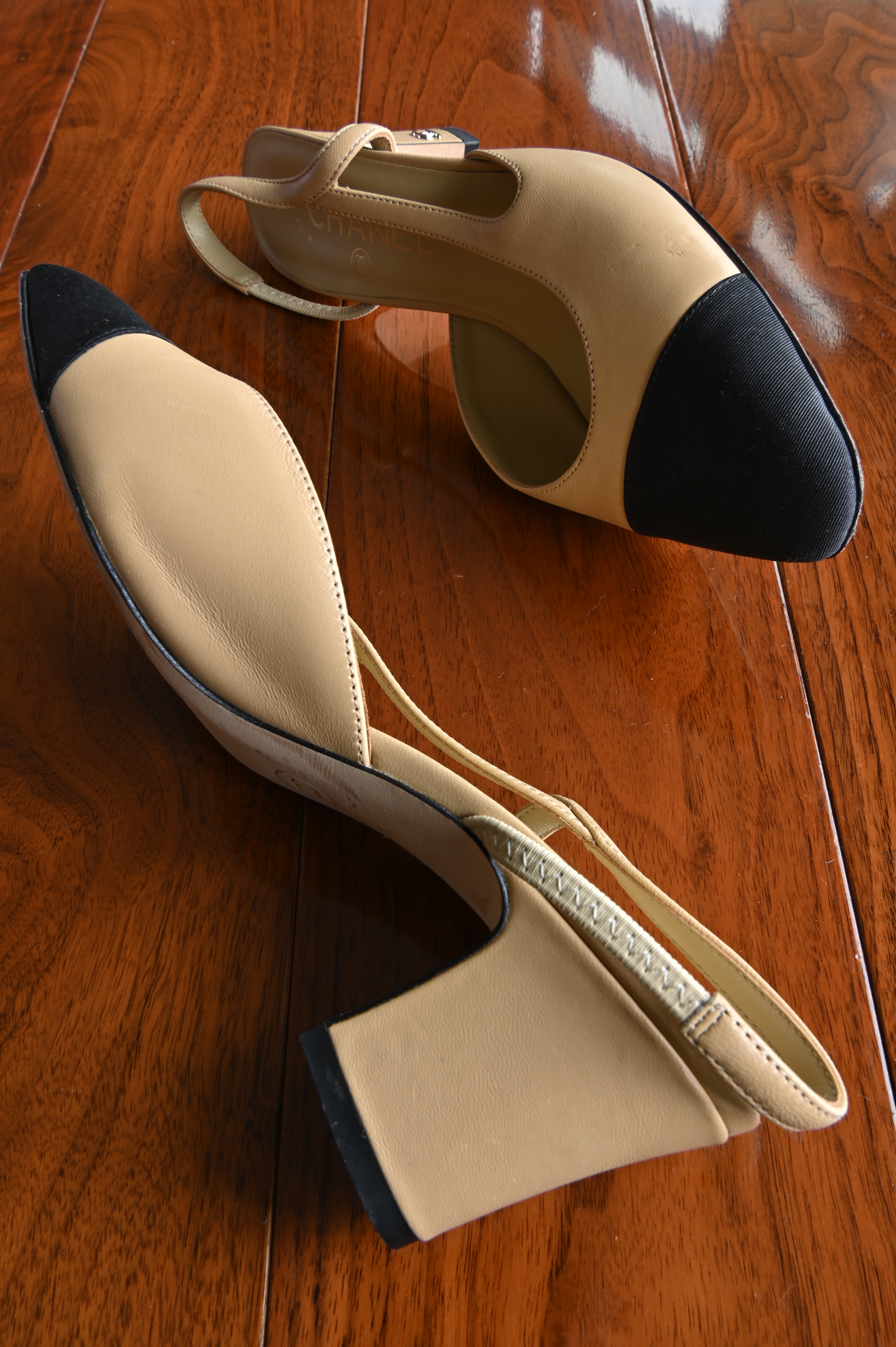 Chanel Beige Black Slingback Heels side two