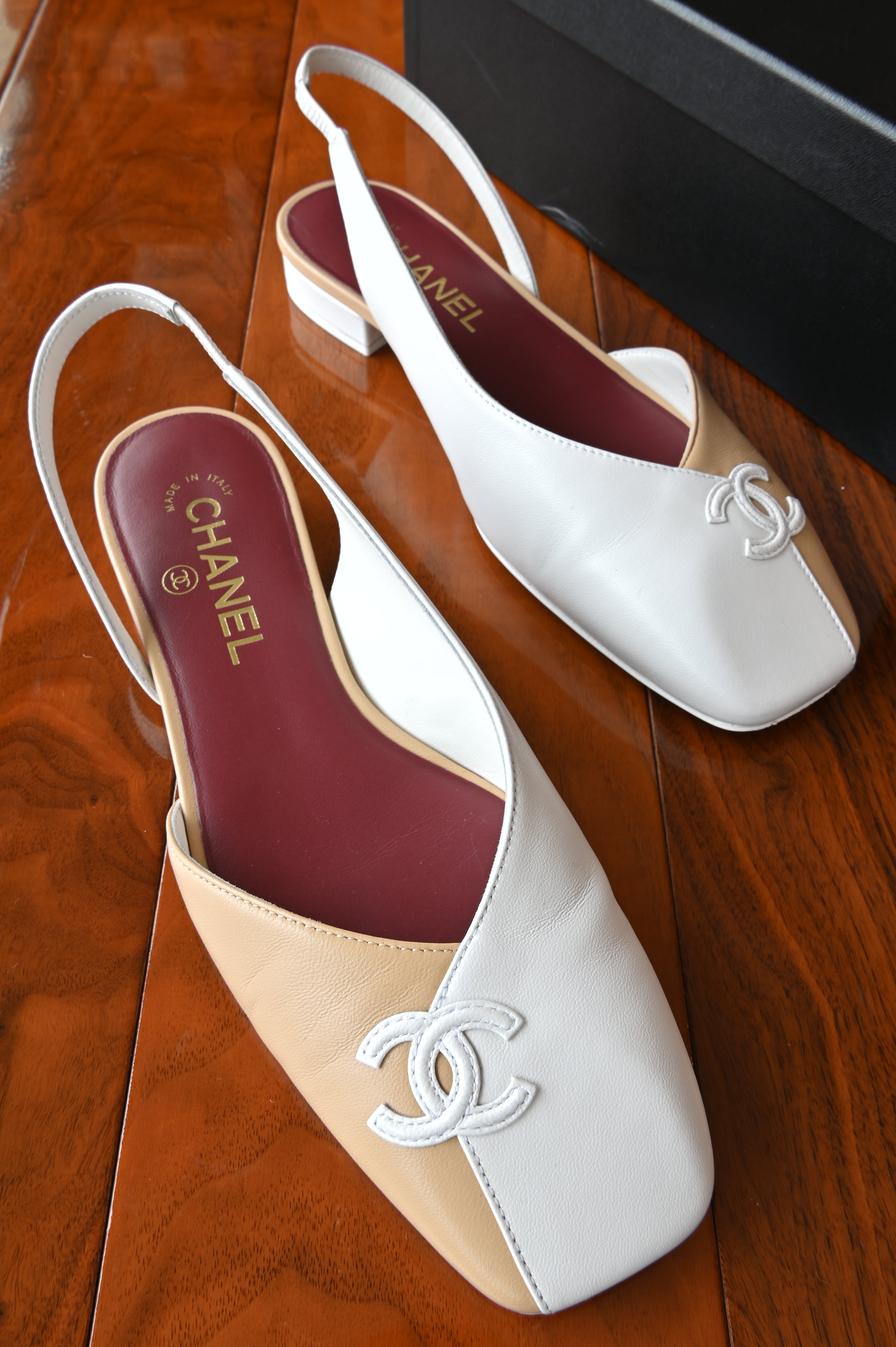 Chanel Beige White Leather Slingback Flats