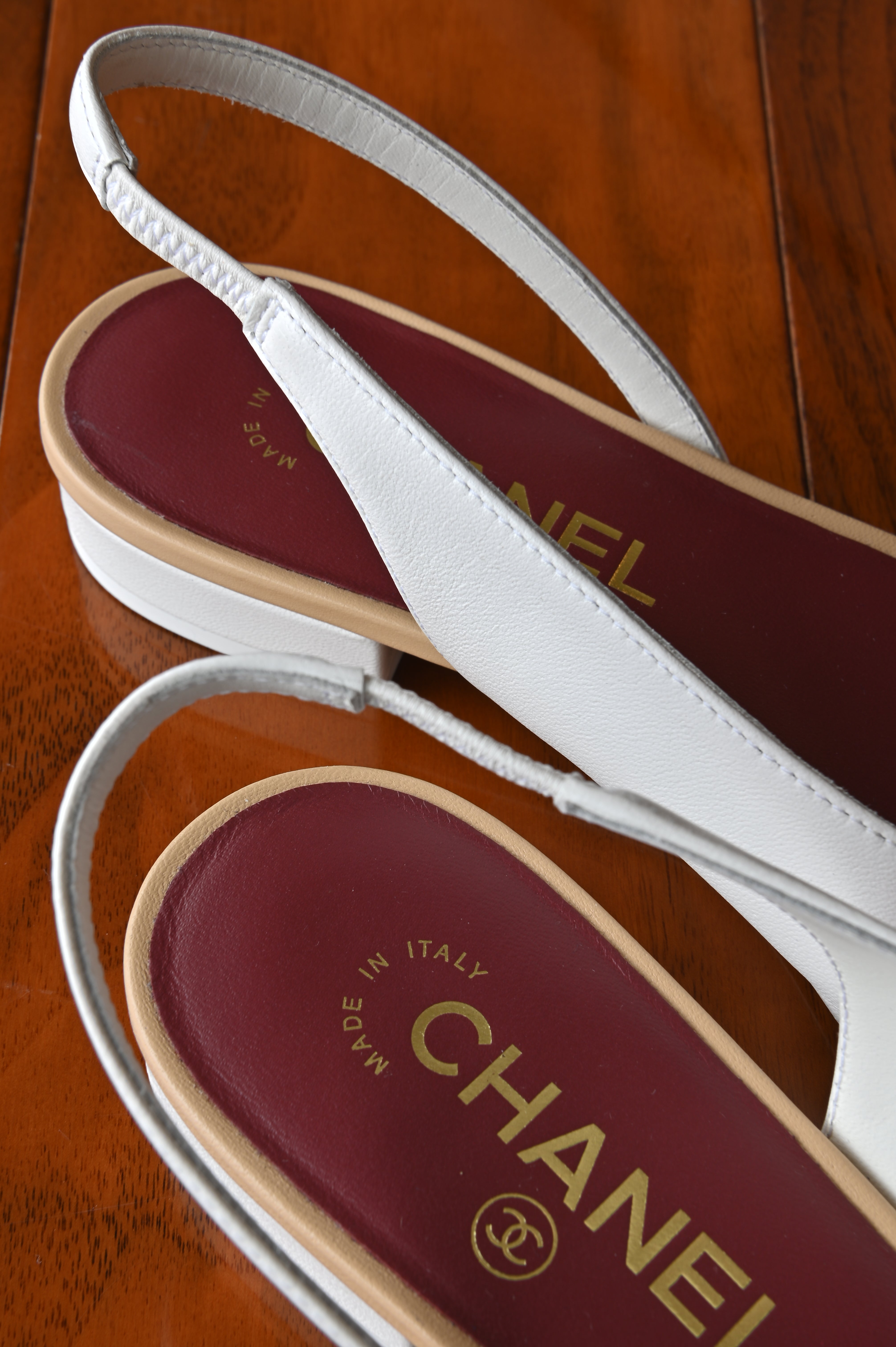 Chanel Beige White Leather Slingback Flats back