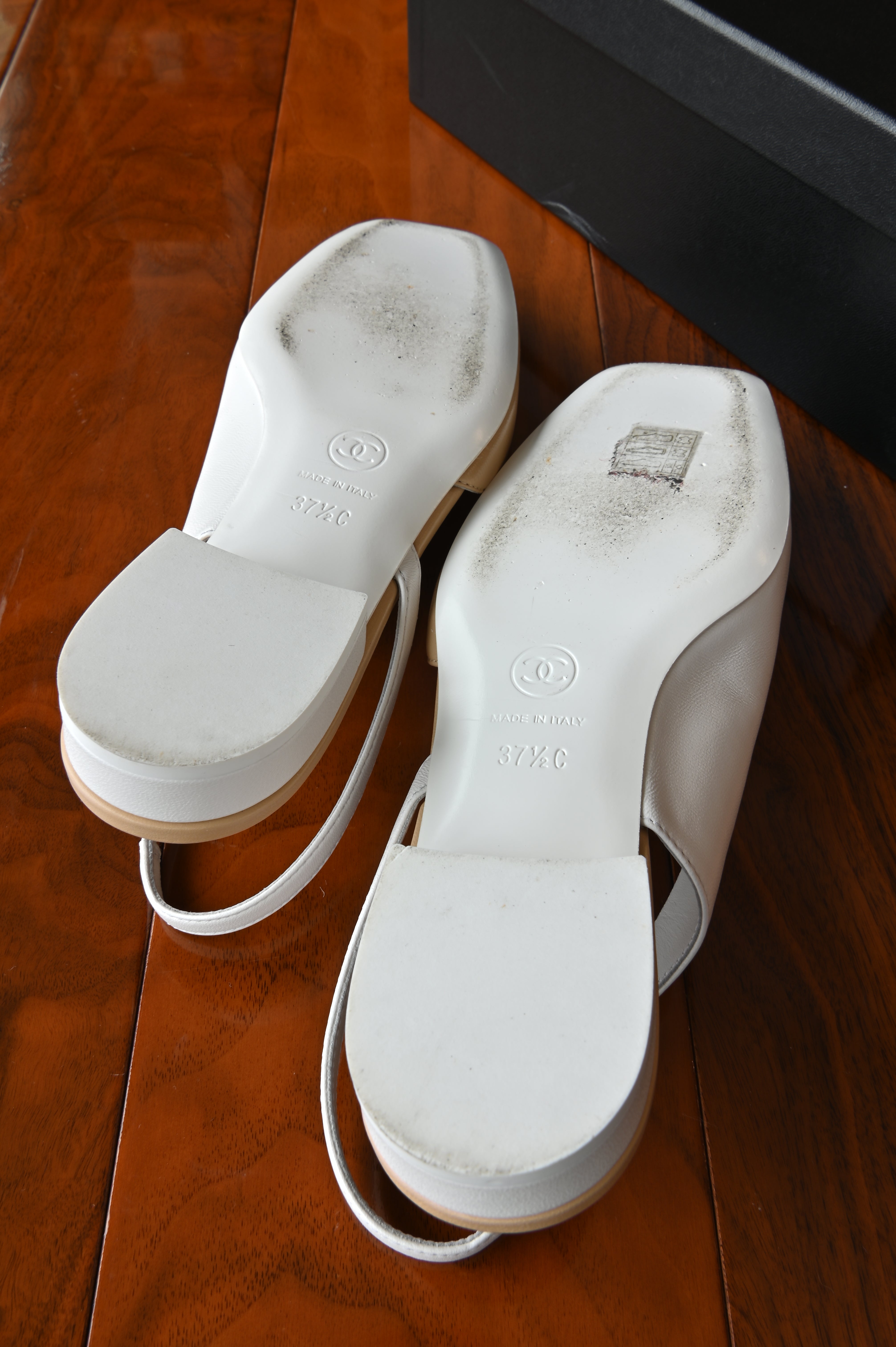 Chanel Beige White Leather Slingback Flats bottom two