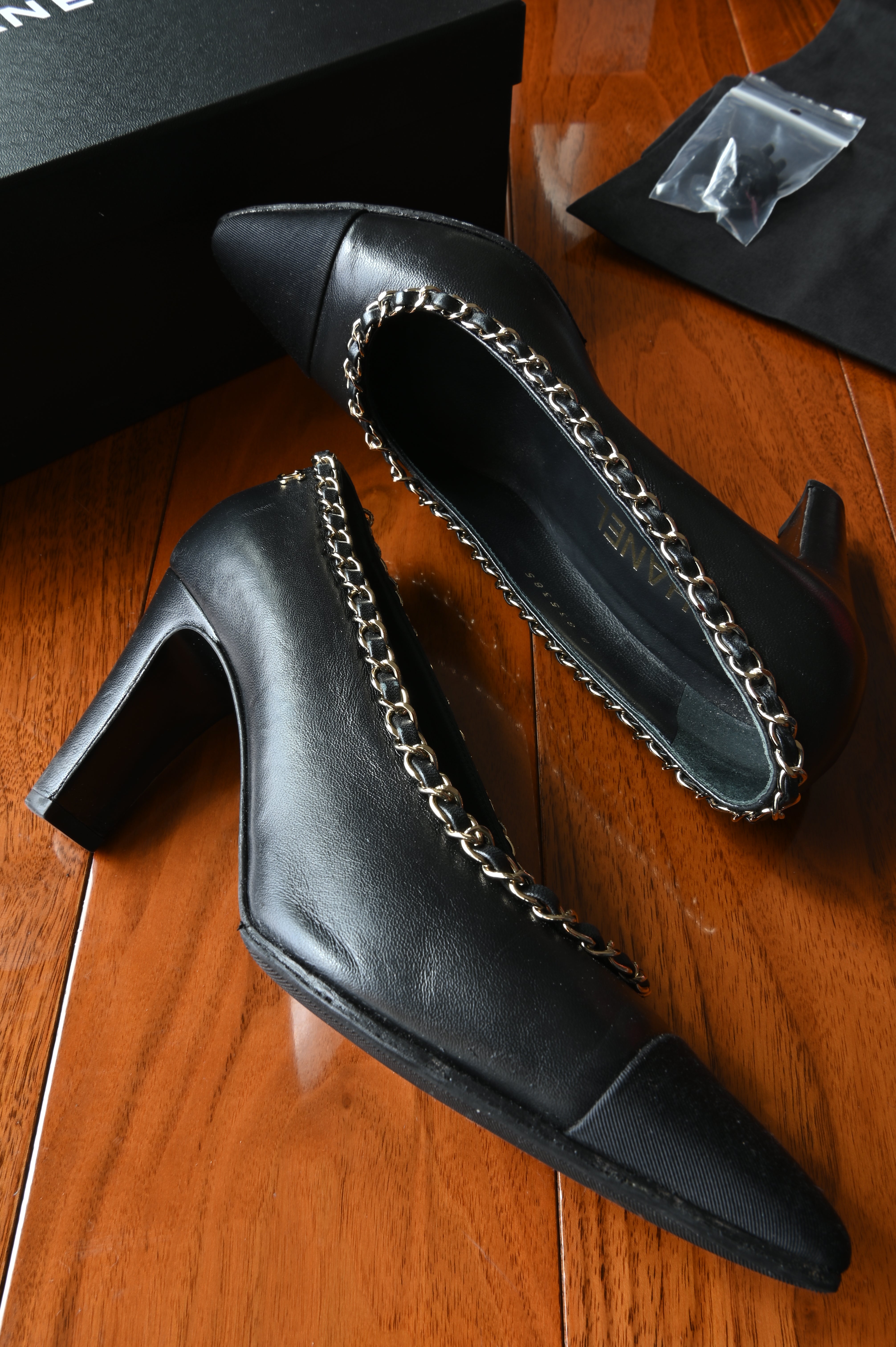 Chanel Black Lamb Leather Chain Pumps side