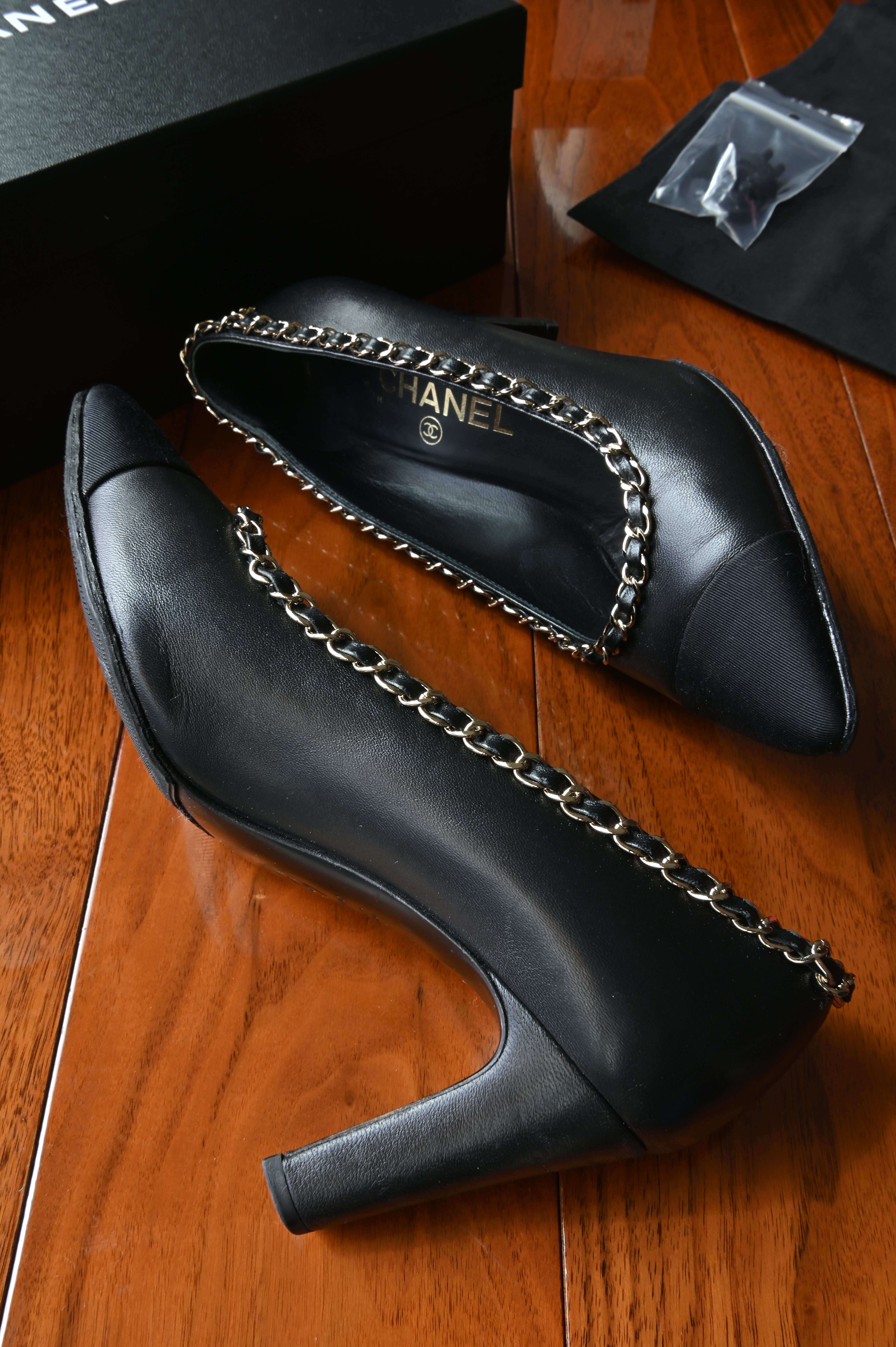 Chanel Black Lamb Leather Chain Pumps side two