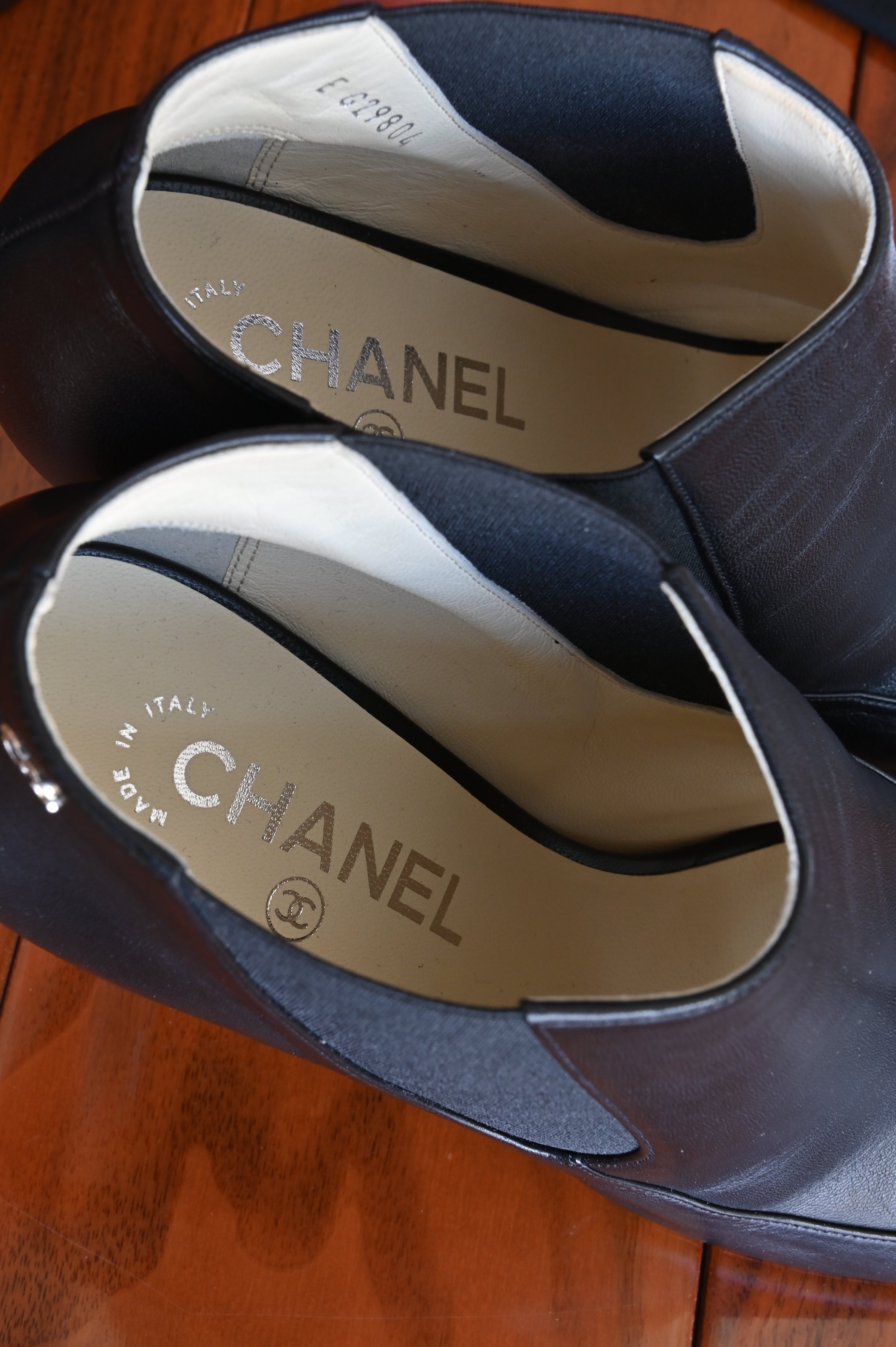 Chanel Black Leather Chain Open Boots logo