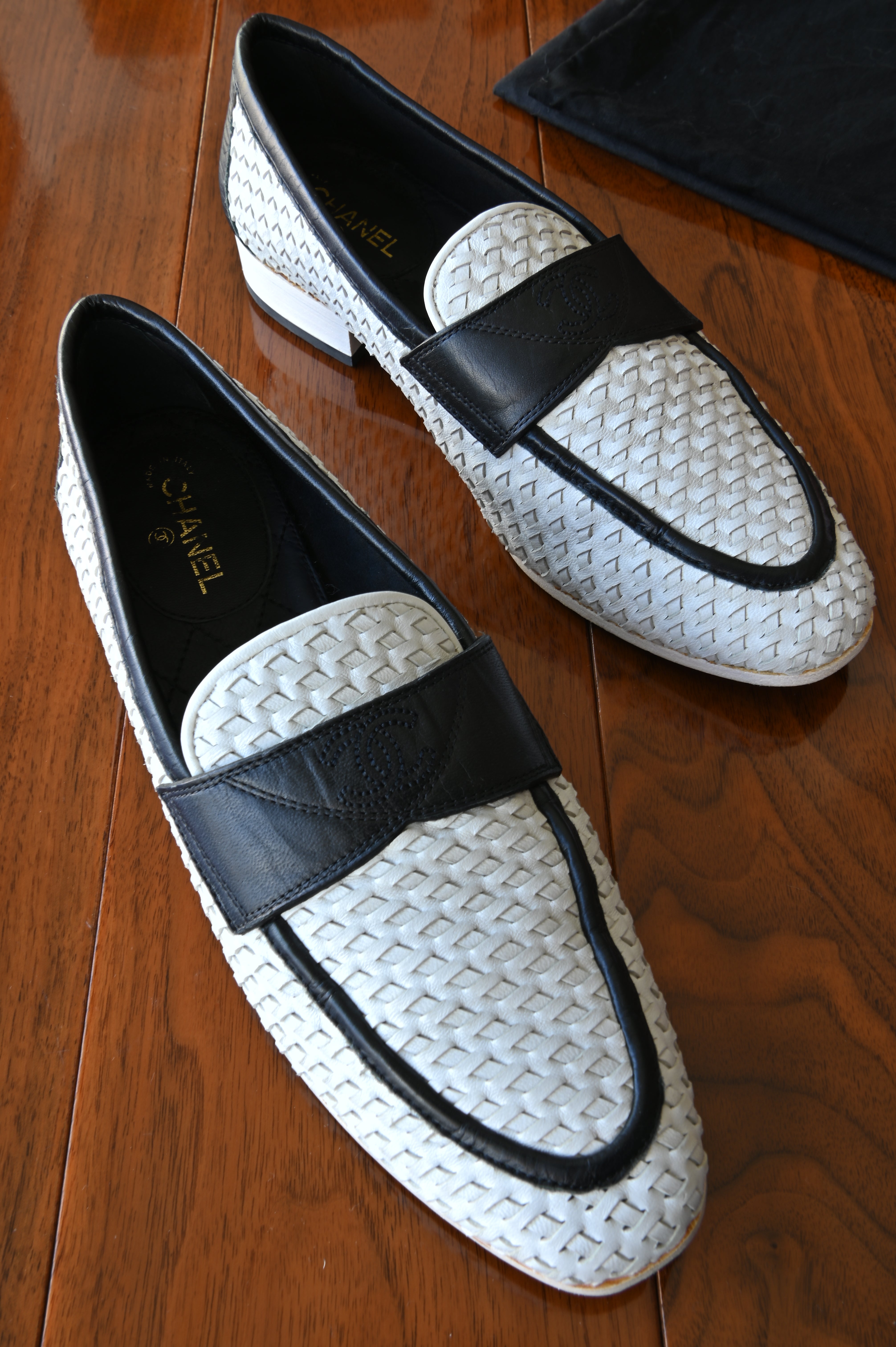 Chanel Black White Woven Leather Loafers