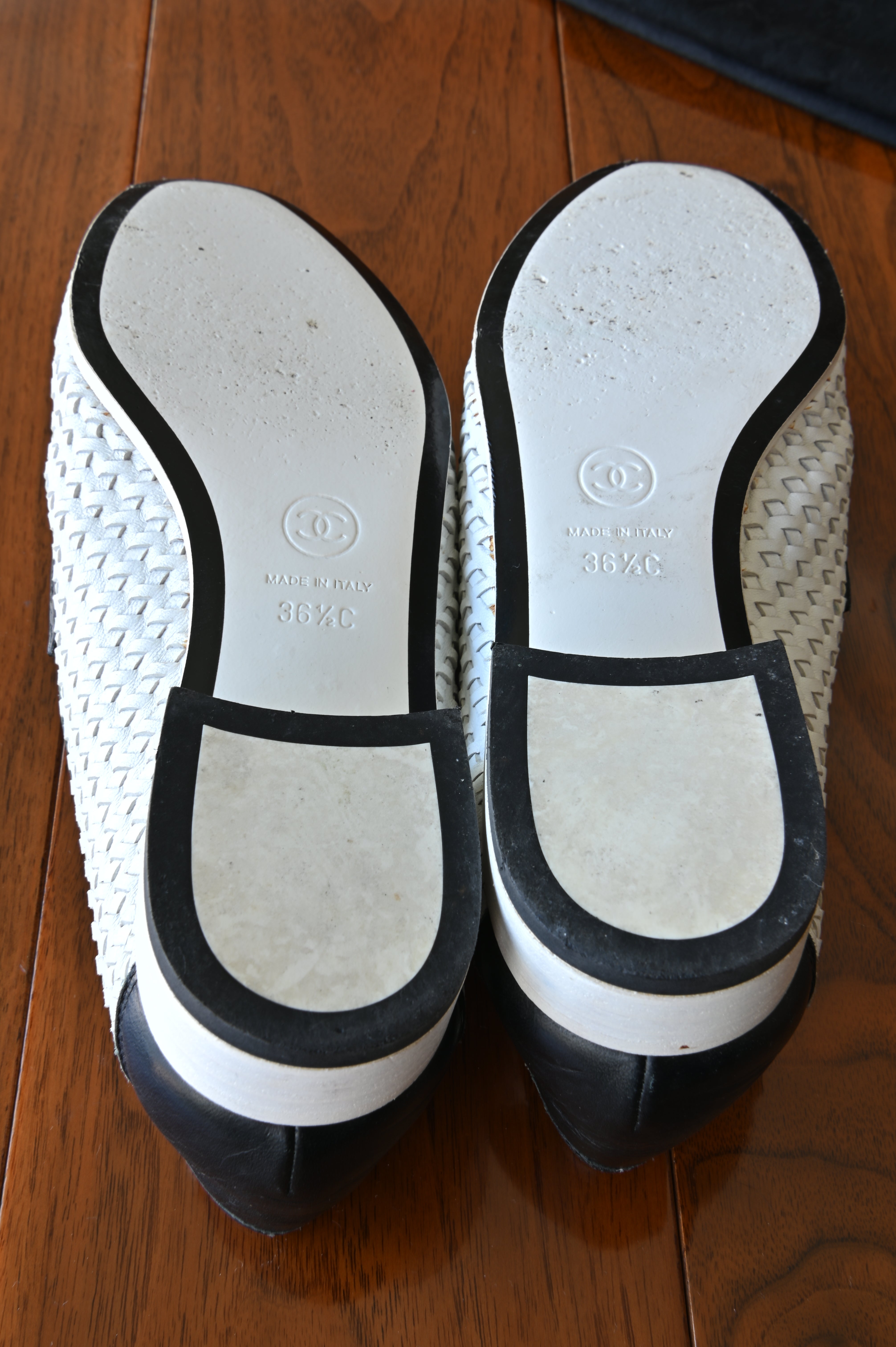 Chanel Black White Woven Leather Loafers bottom
