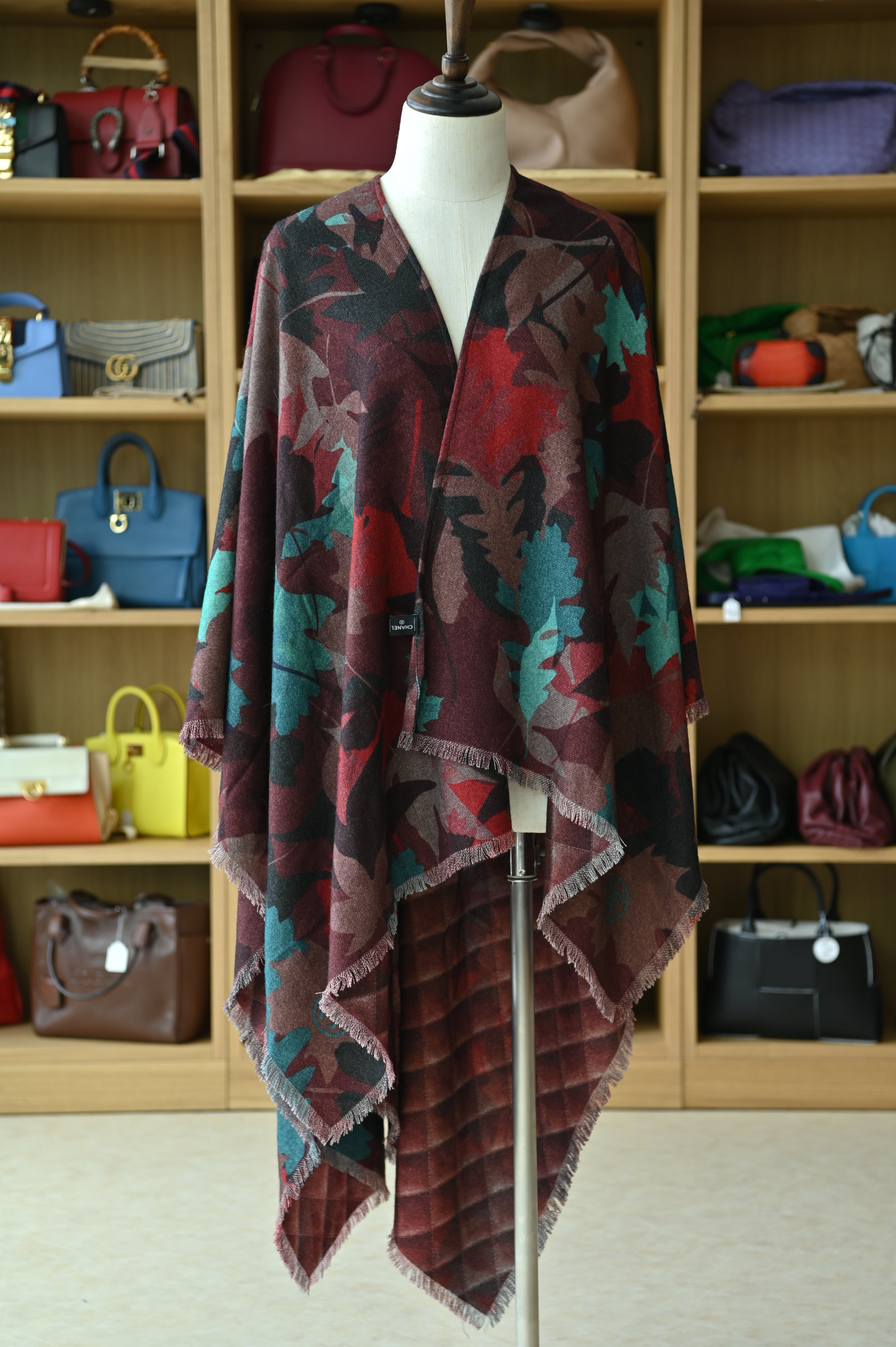  Chanel Burgundy Floral Leaf Cashmere Poncho