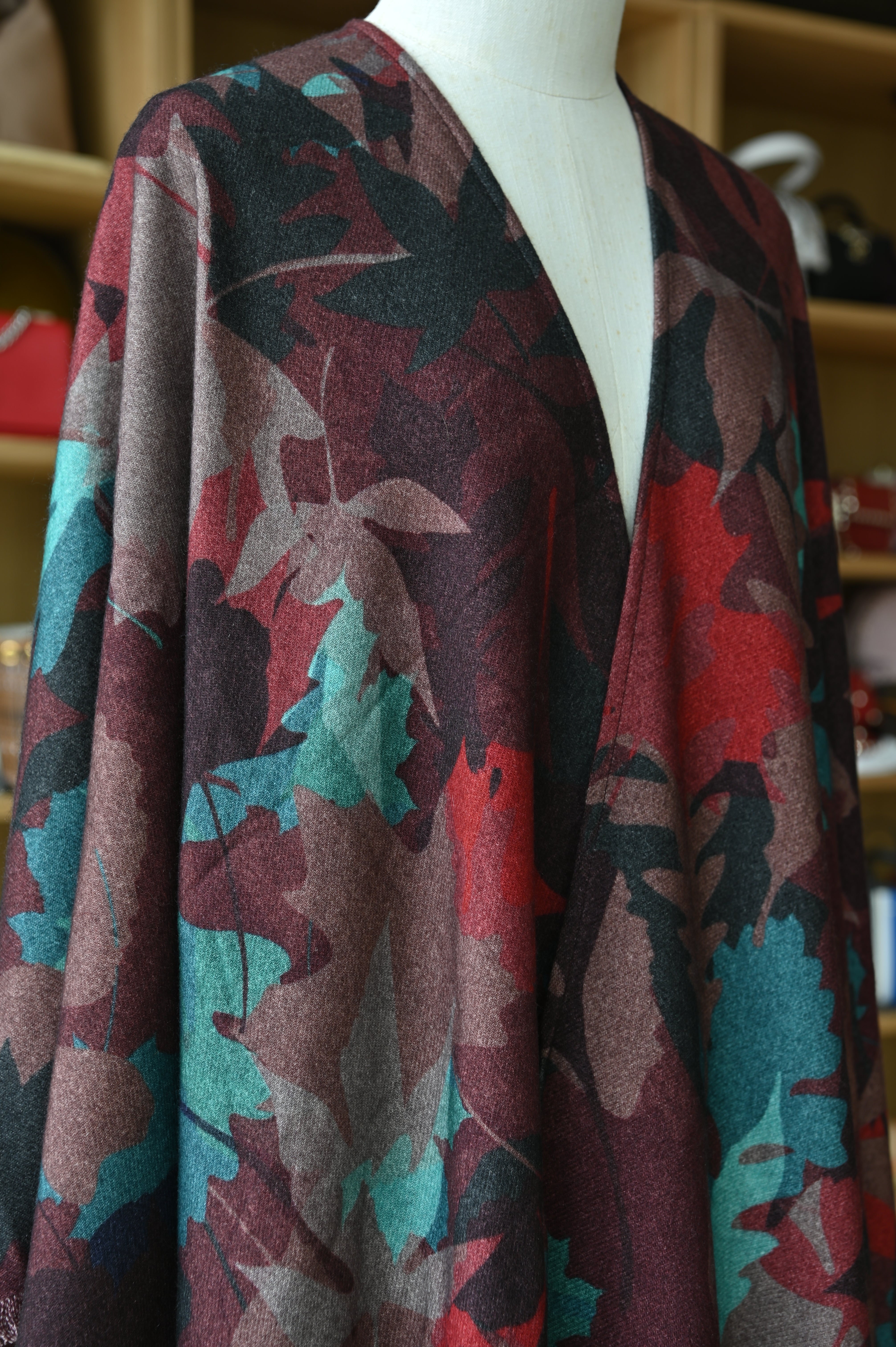 Chanel Burgundy Floral Leaf Cashmere Poncho angle